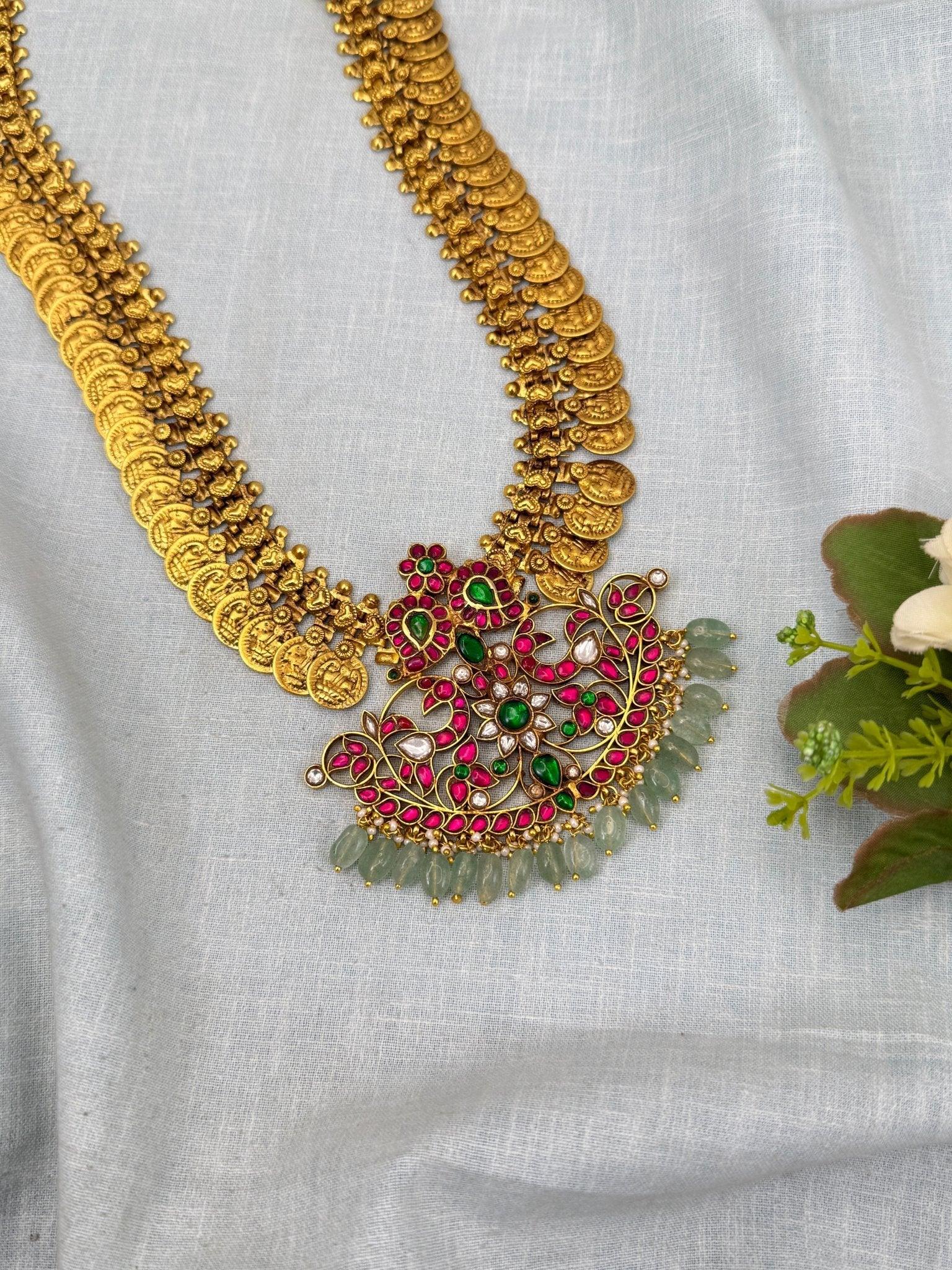 Luxurious Antique Kaasu Jadau Mango Pendant Necklace Set 0255 - Mahilas