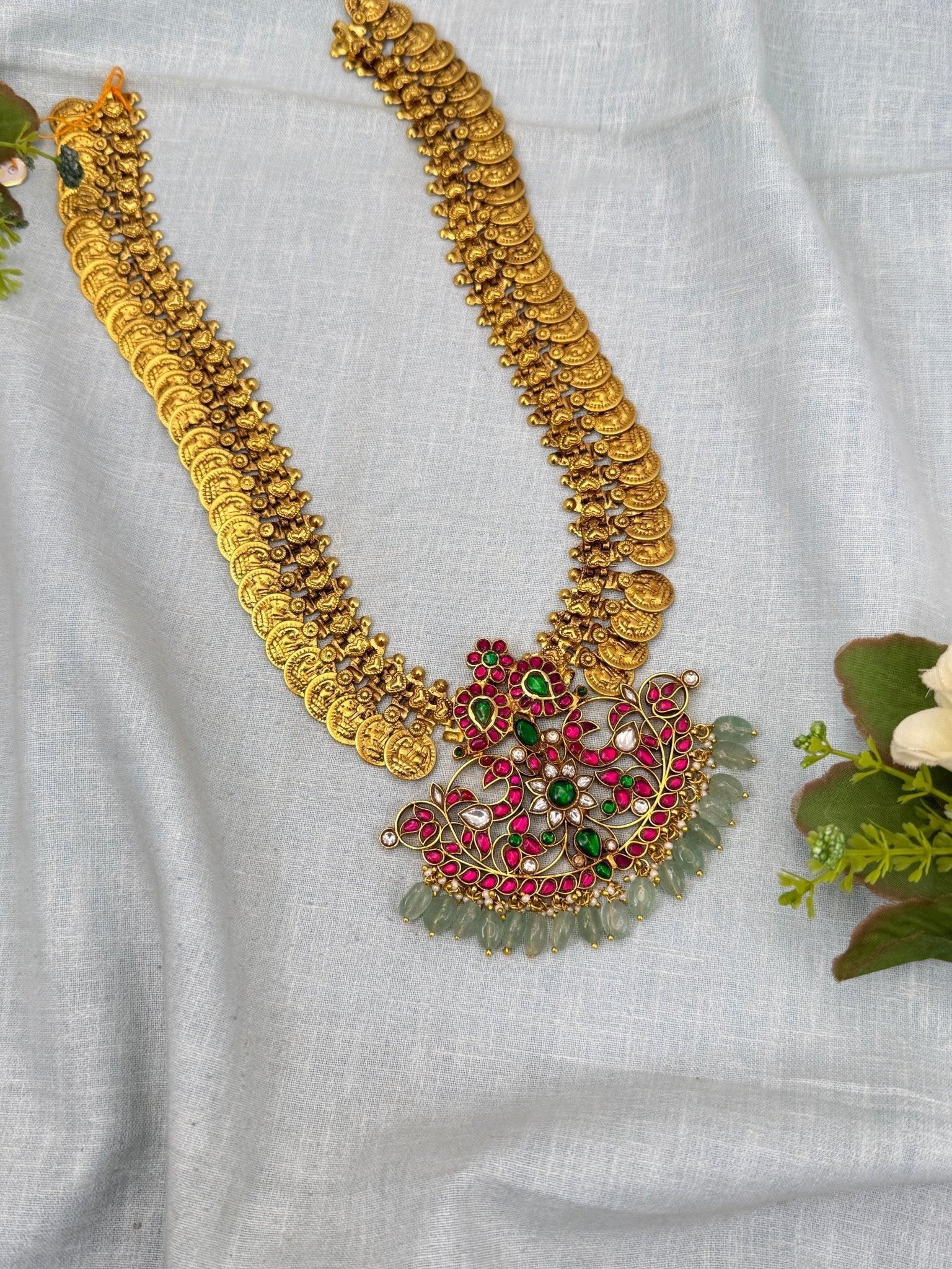 Luxurious Antique Kaasu Jadau Mango Pendant Necklace Set 0255 - Mahilas