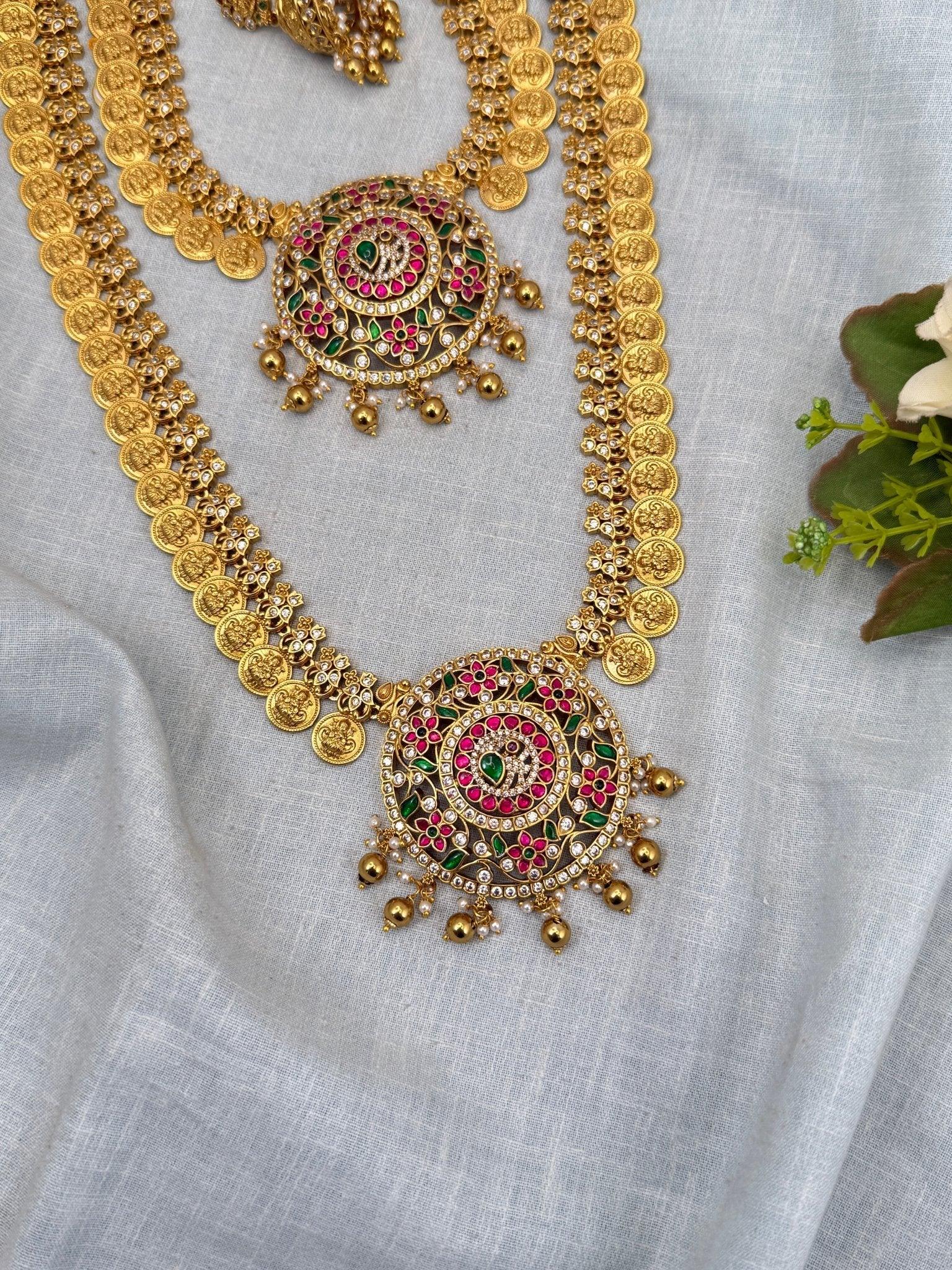 Luxurious Antique Kaasu Jadau Pendant Full Necklace Set 0265 - Mahilas
