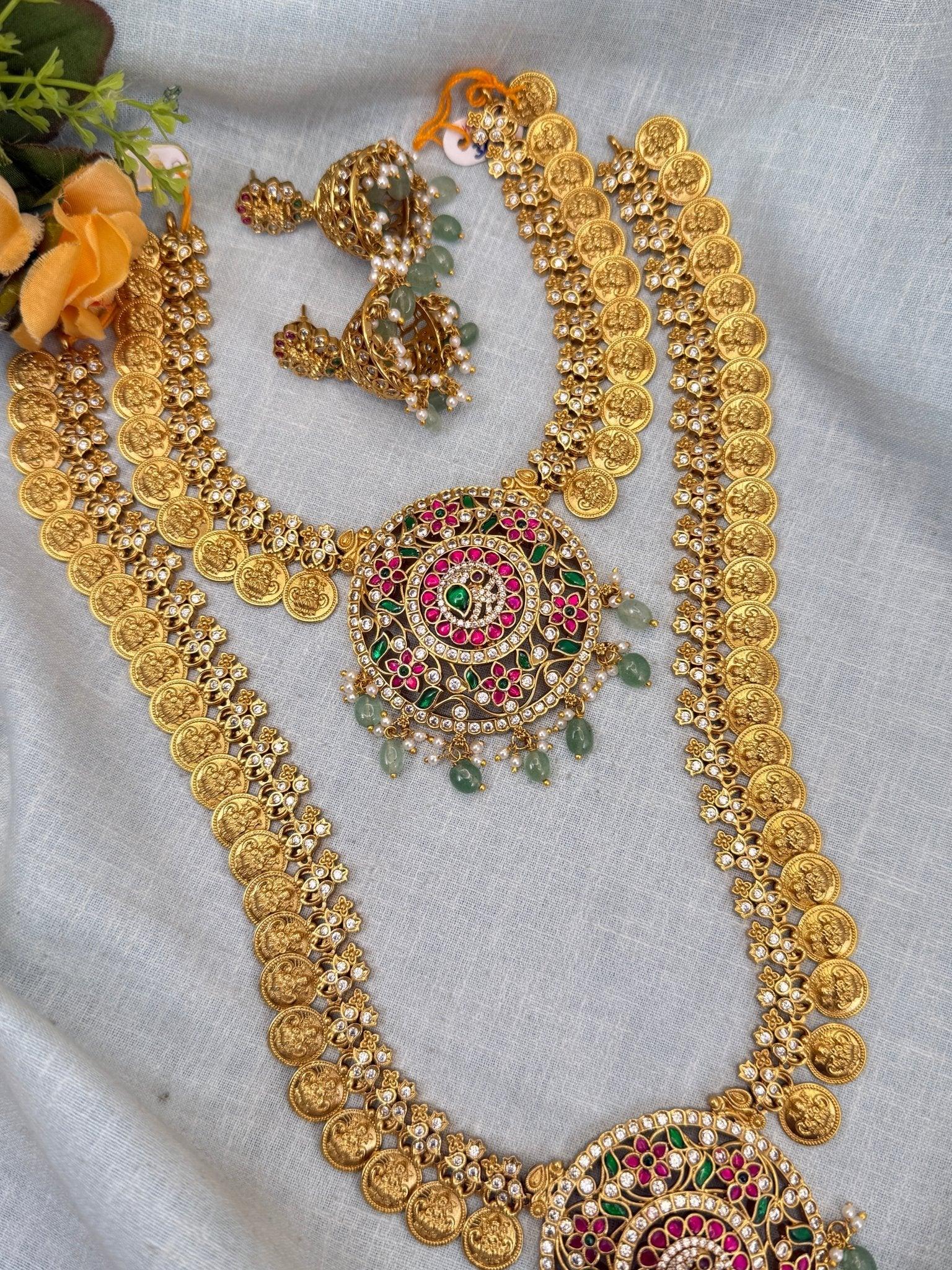 Luxurious Antique Kaasu Jadau Pendant Full Necklace Set 0266 - Mahilas