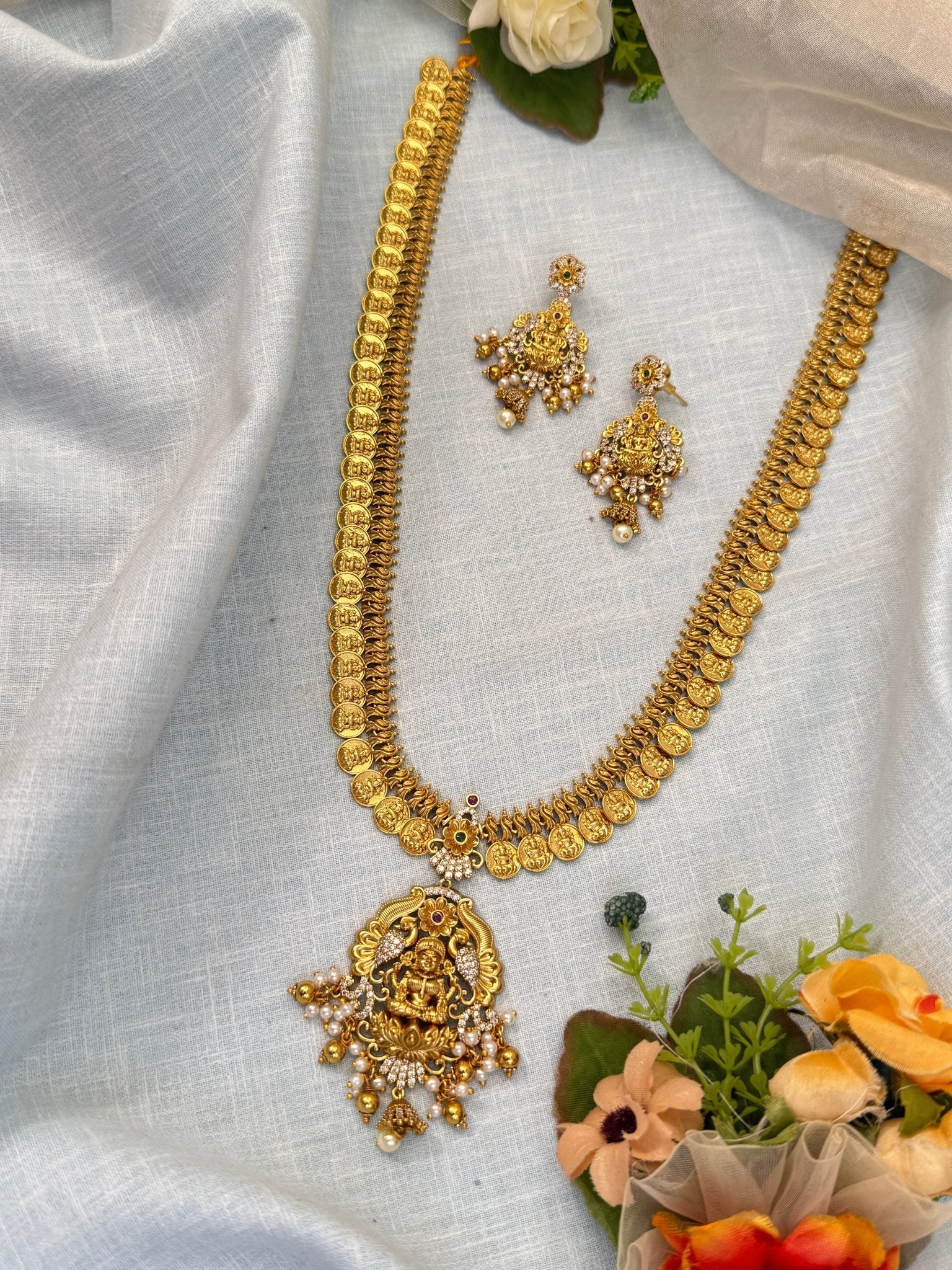 Luxurious Antique Kaasu Pendant Long Necklace Set 869 - Mahilas