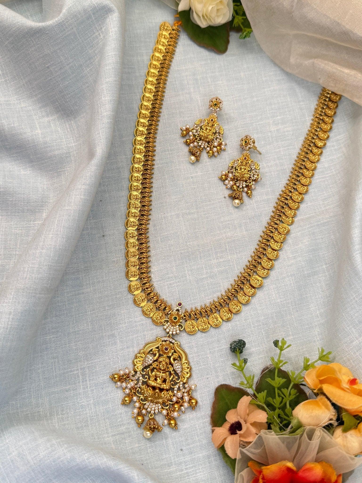 Luxurious Antique Kaasu Pendant Long Necklace Set 869 - Mahilas