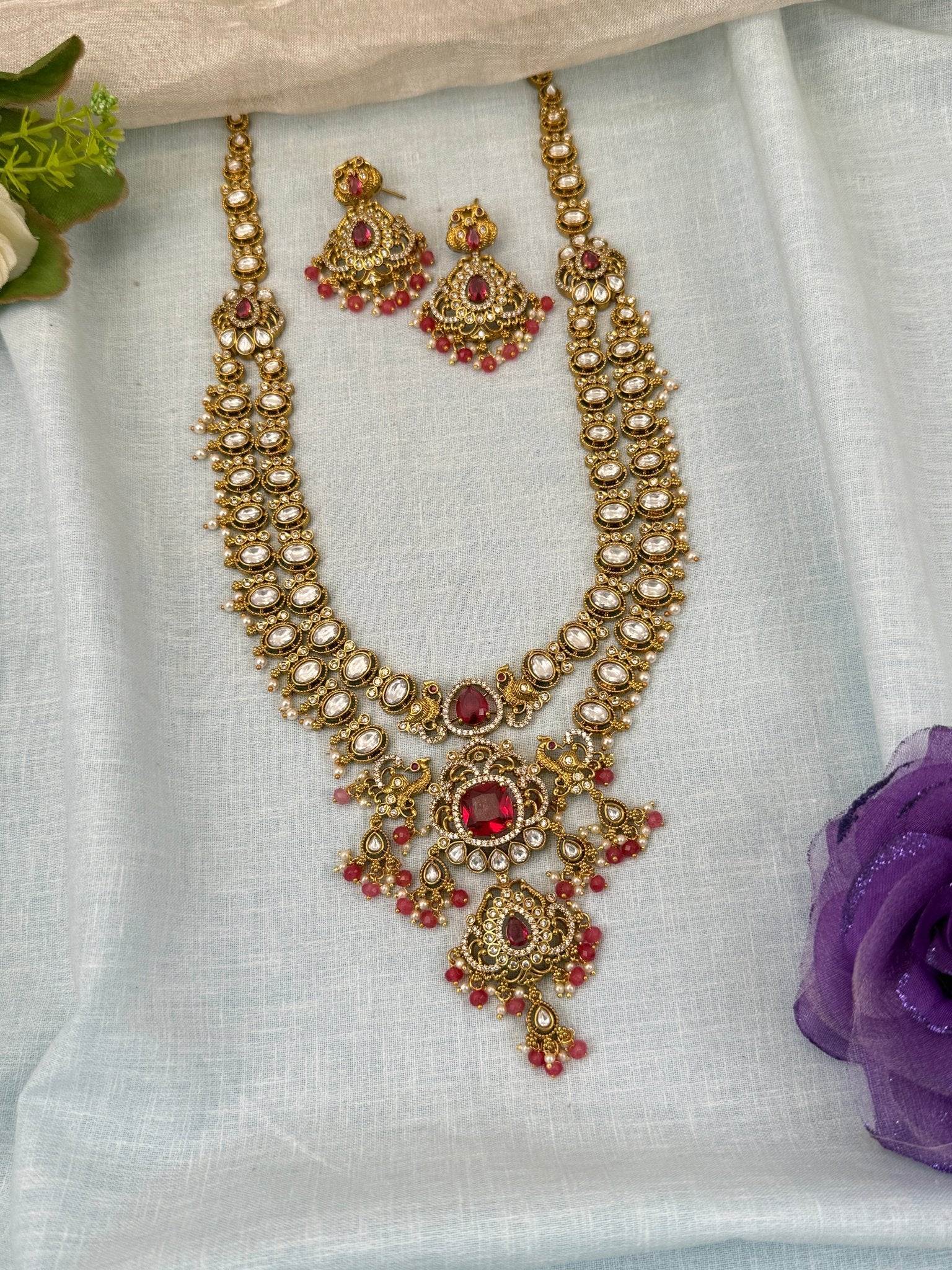Luxurious Antique Kundan Layer Mid Long Necklace Set 5 Colors 0575 - Mahilas
