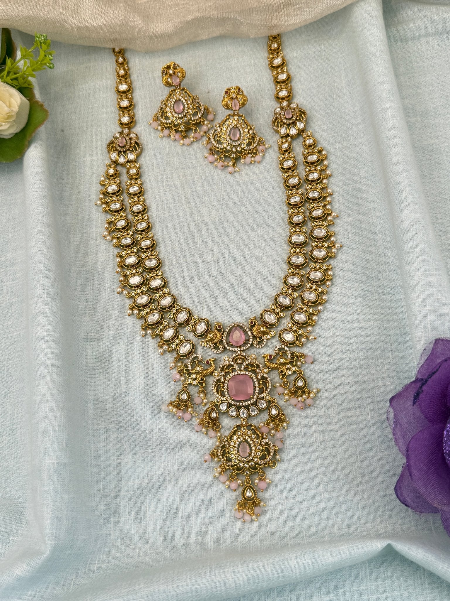 Luxurious Antique Kundan Layer Mid Long Necklace Set 5 Colors 0575 - Mahilas