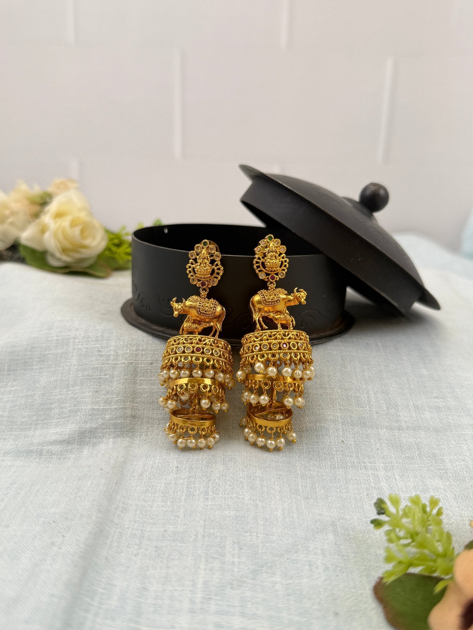 Luxurious Antique Lakshmi Cow Jhumka Earrings 0847 - Mahilas