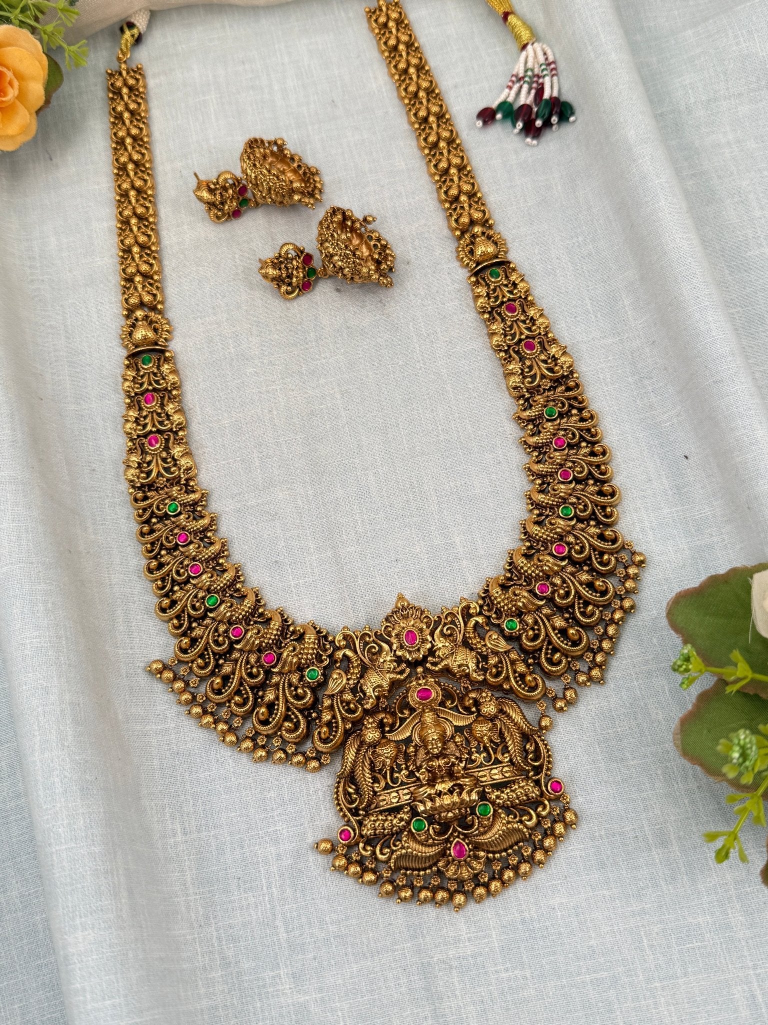Luxurious Antique Lakshmi Long Necklace Set 0345 - Mahilas