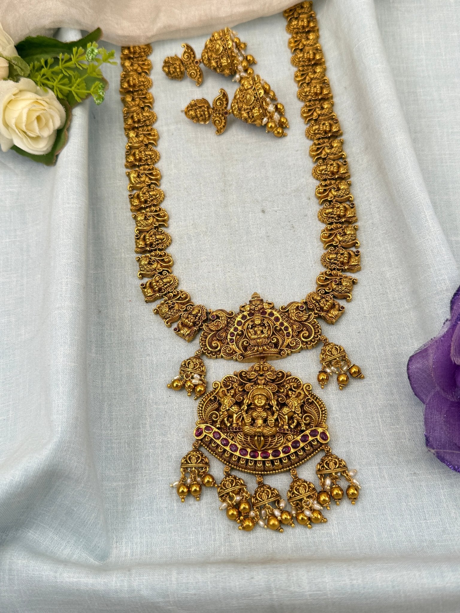 Luxurious Antique Lakshmi Long Necklace Set 0457 - Mahilas