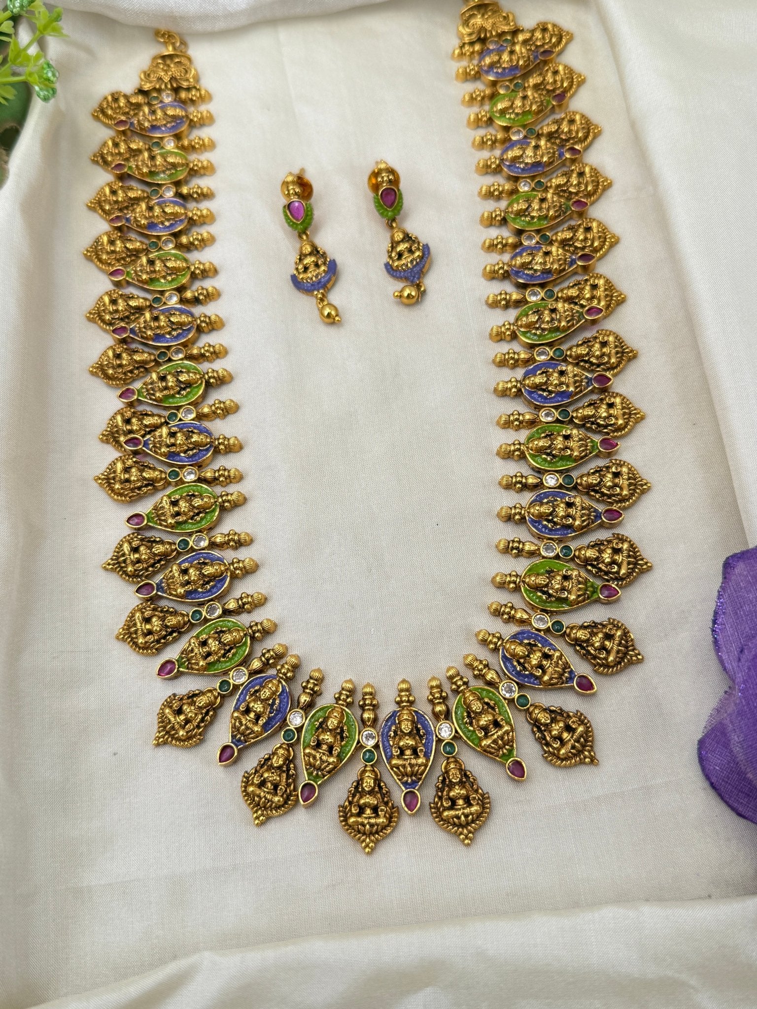 Luxurious Antique Lakshmi Long Necklace Set 0477 - Mahilas