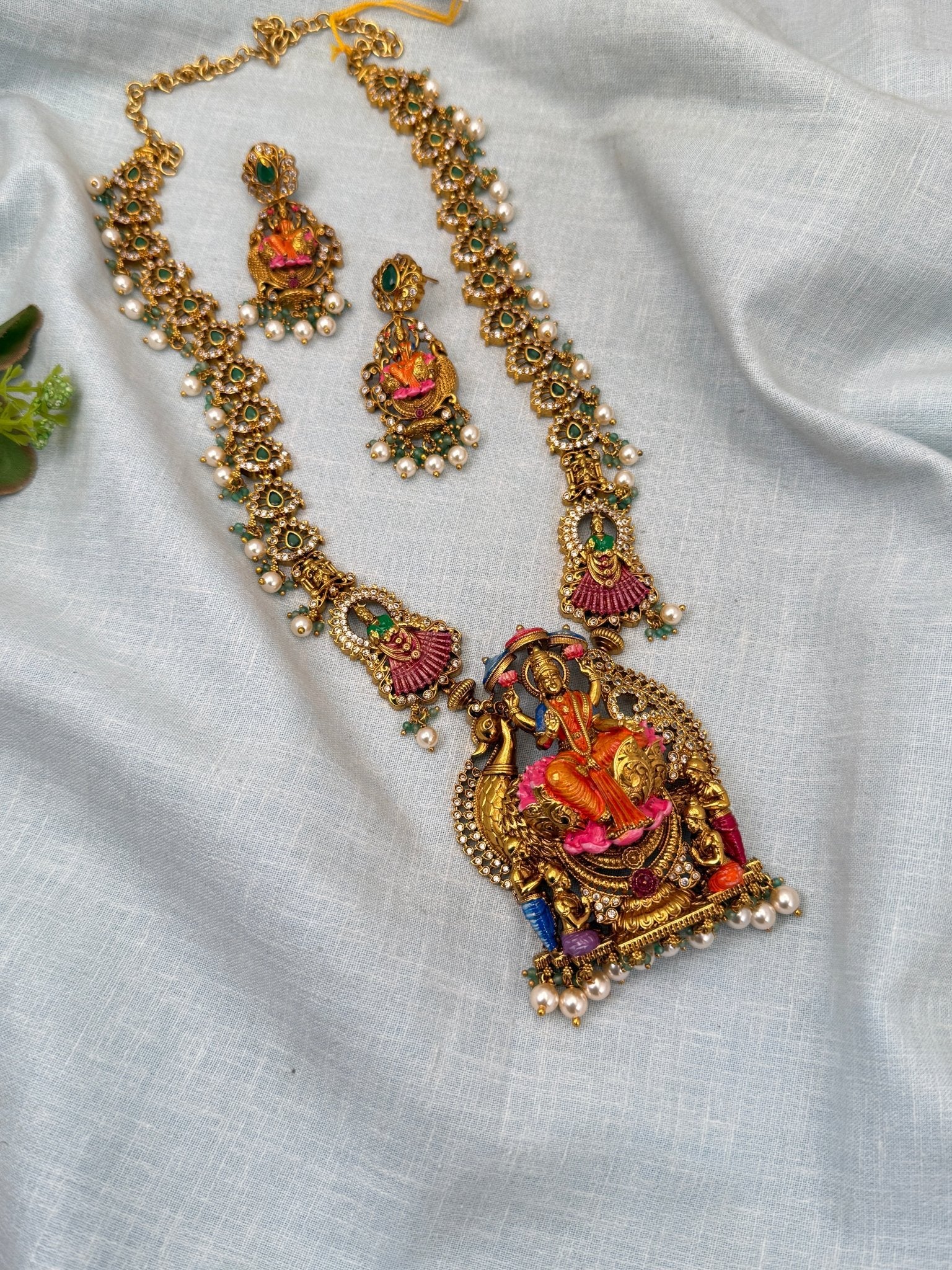Luxurious Antique Lakshmi Long Necklace Set 0694 - Mahilas