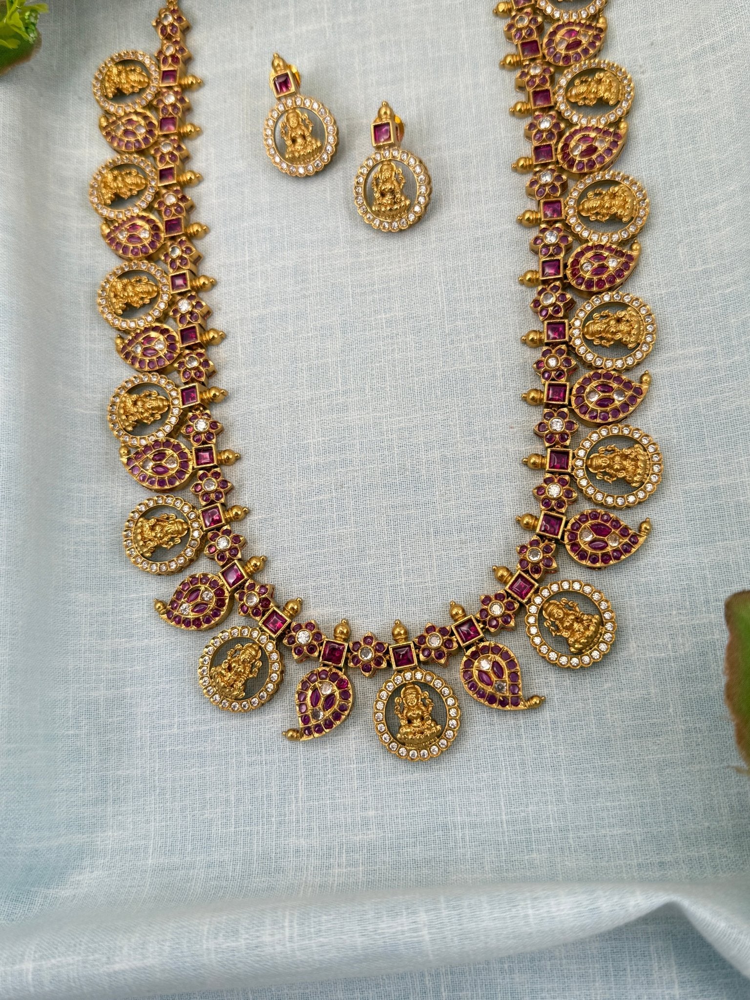 Luxurious Antique Lakshmi Mango Long Necklace Set 0680 - Mahilas