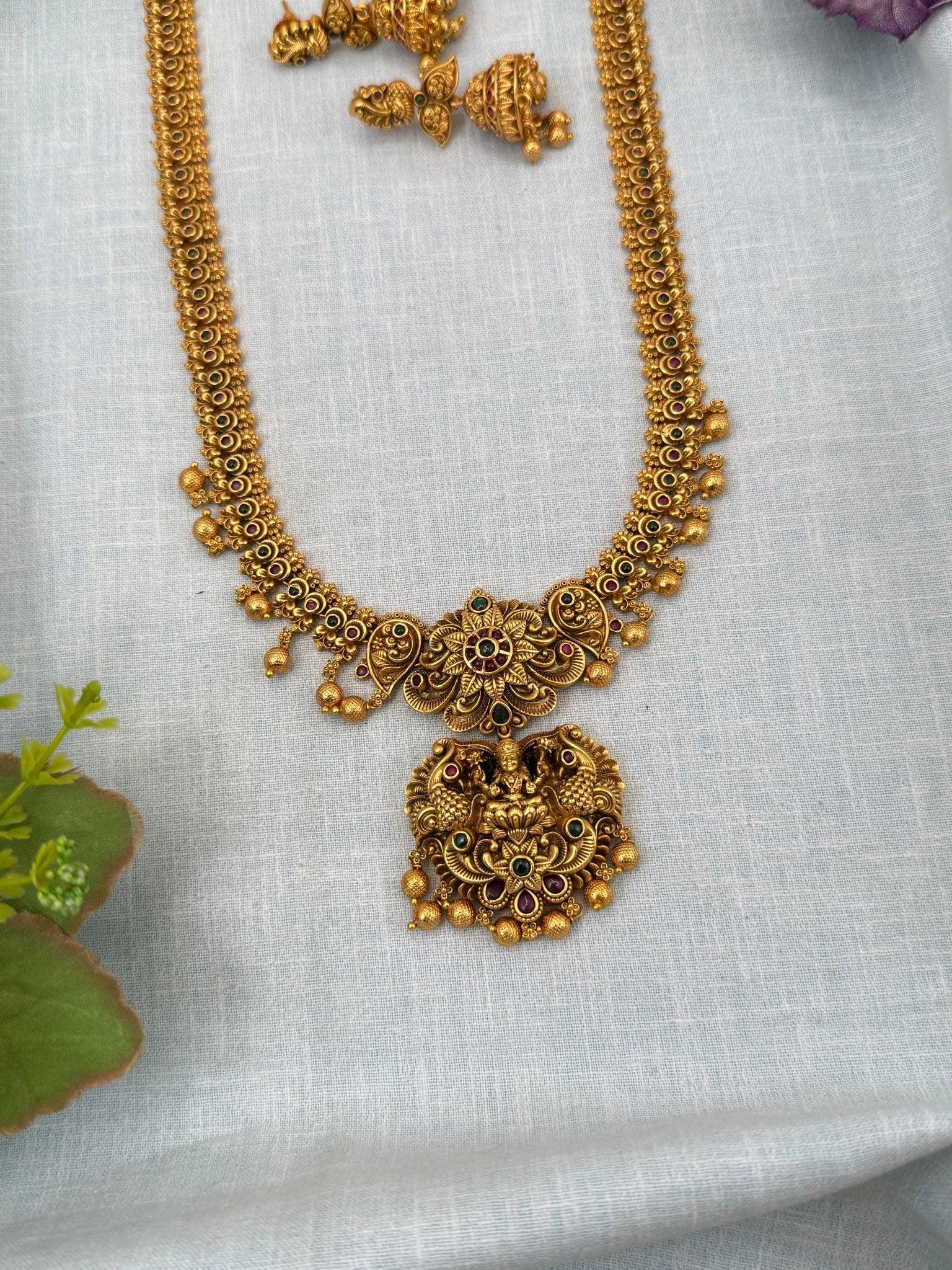 Luxurious Antique Lakshmi Pendant Long Necklace Set 0206 - Mahilas
