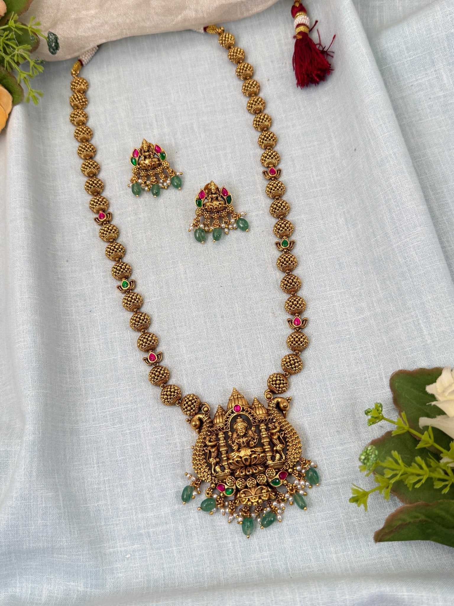 Luxurious Antique Lakshmi Pendant Long Necklace Set 0393 - Mahilas
