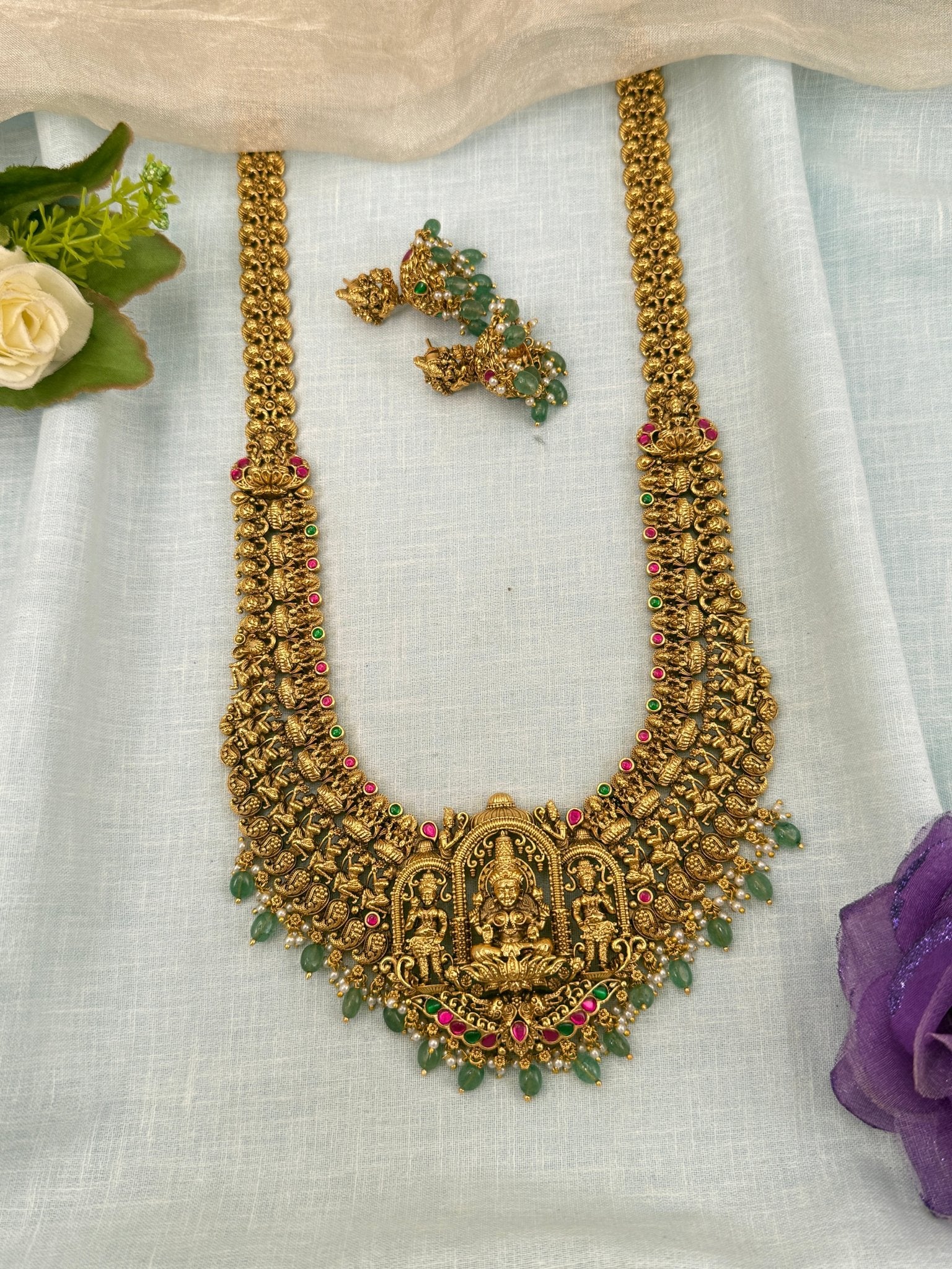 Luxurious Antique Lakshmi Pendant Long Necklace Set 0647 - Mahilas