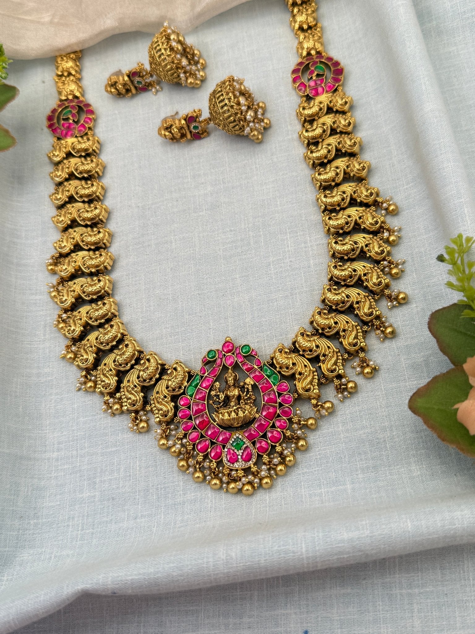 Luxurious Antique Lakshmi Pendant Long Necklace Set 0688 - Mahilas