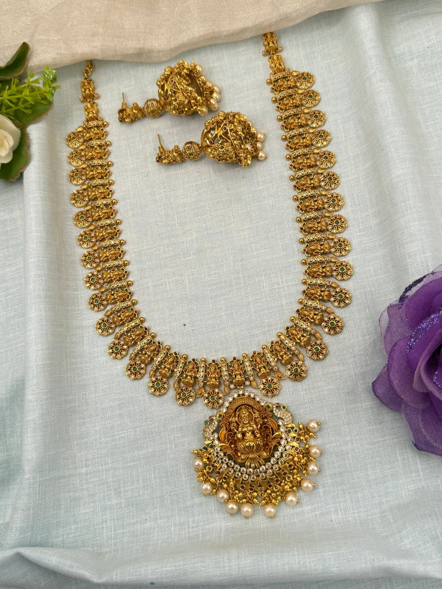 Luxurious Antique Lakshmi Pendant Stone Long Necklace Set 0679 - Mahilas