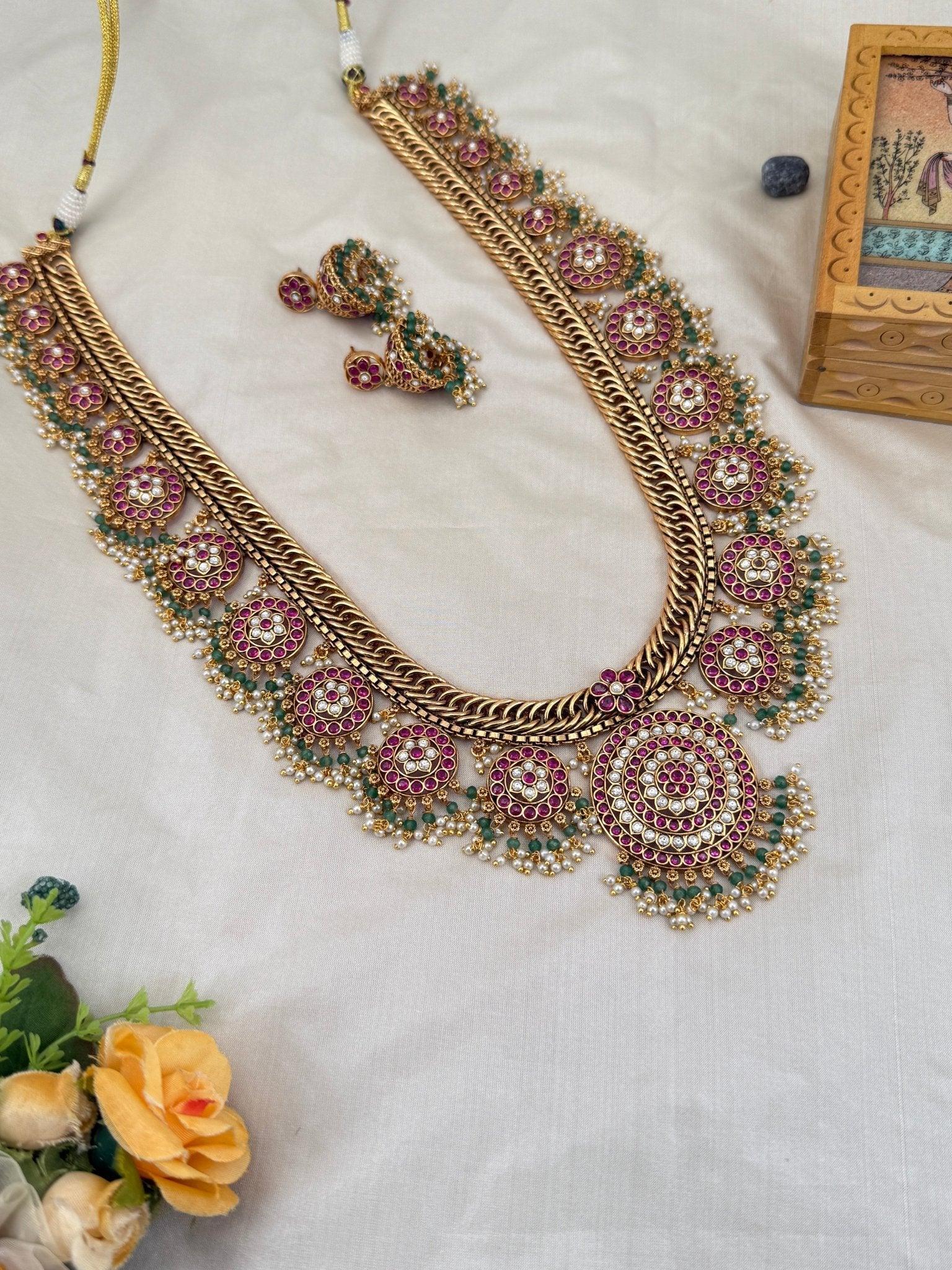 Luxurious Antique Long Guttapusalu Necklace Set 637 - Mahilas