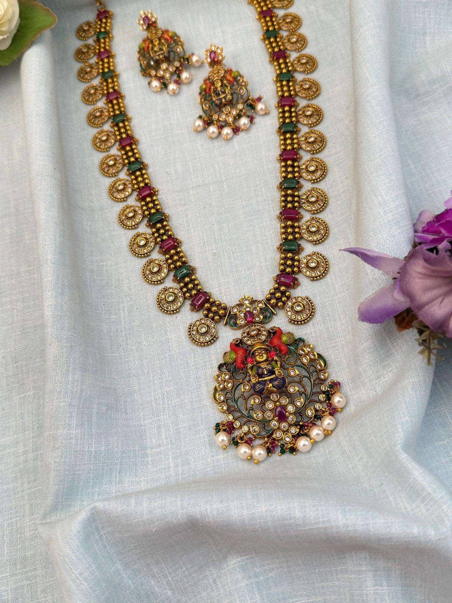 Luxurious Antique Long Lakshmi Necklace Set 972 - Mahilas
