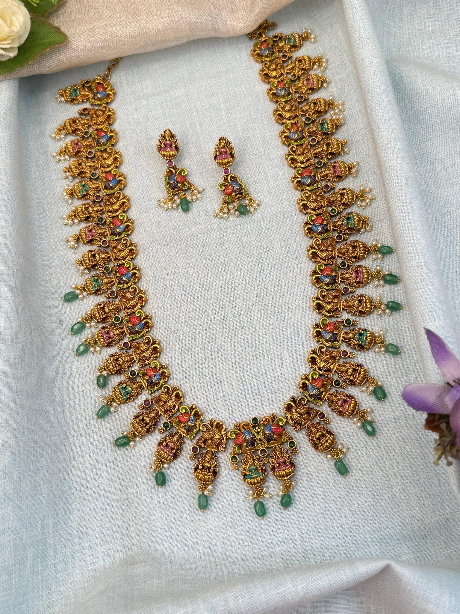 Luxurious Antique Long Lakshmi Peacock Necklace Set 974 - Mahilas