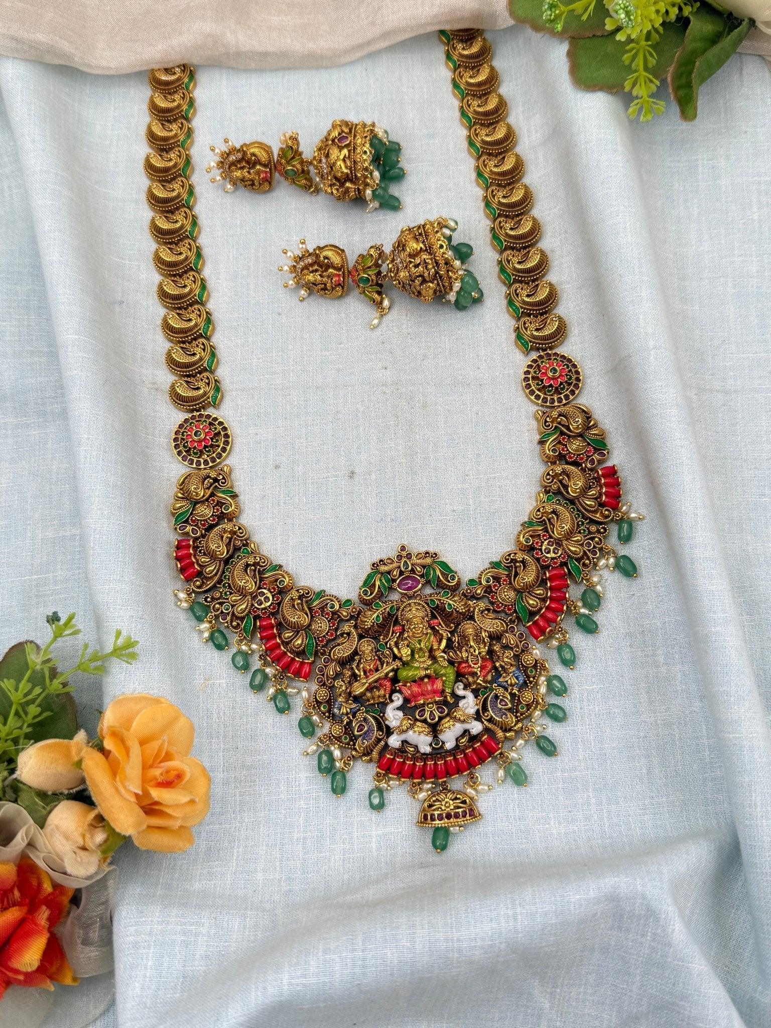 Luxurious Antique long Temple Coral Beads Lakshmi Necklace Set 0109 - Mahilas