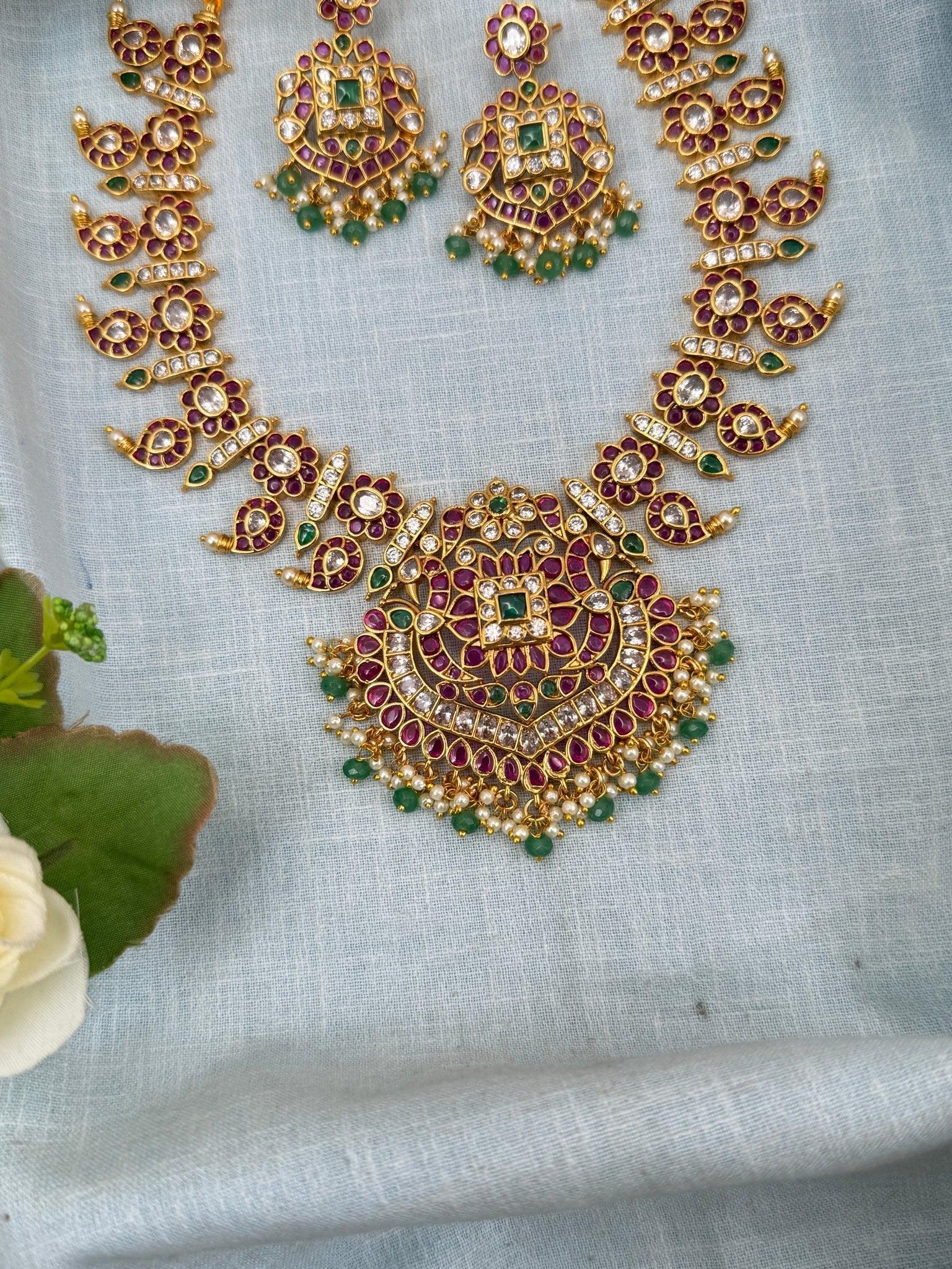 Luxurious Antique Mango Kemp Stone Necklace Set 0185 - Mahilas