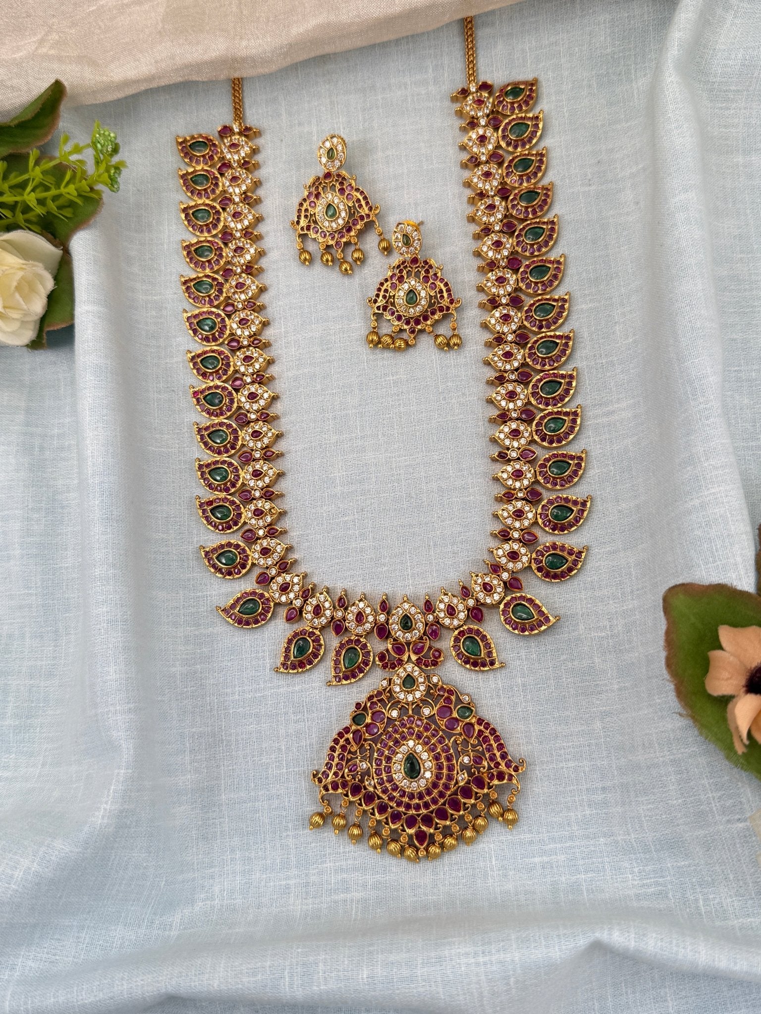 Luxurious Antique Mango Long Necklace Set 0681 - Mahilas