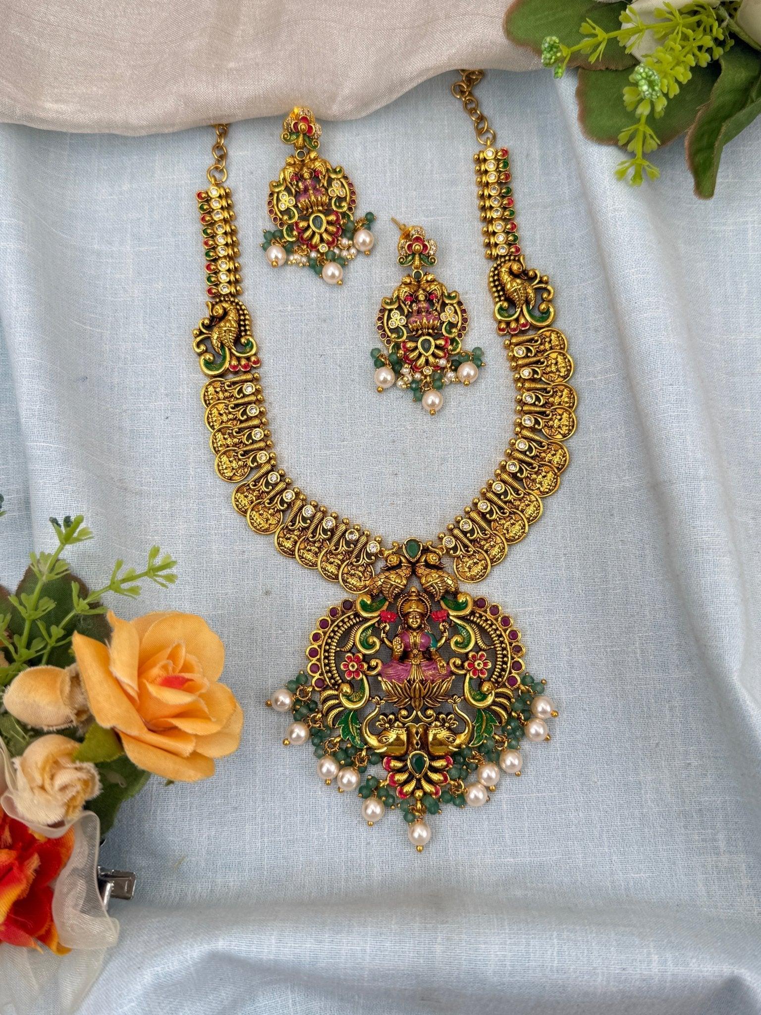 Luxurious Antique Mid long Kaasu Lakshmi Necklace Set 0110 - Mahilas