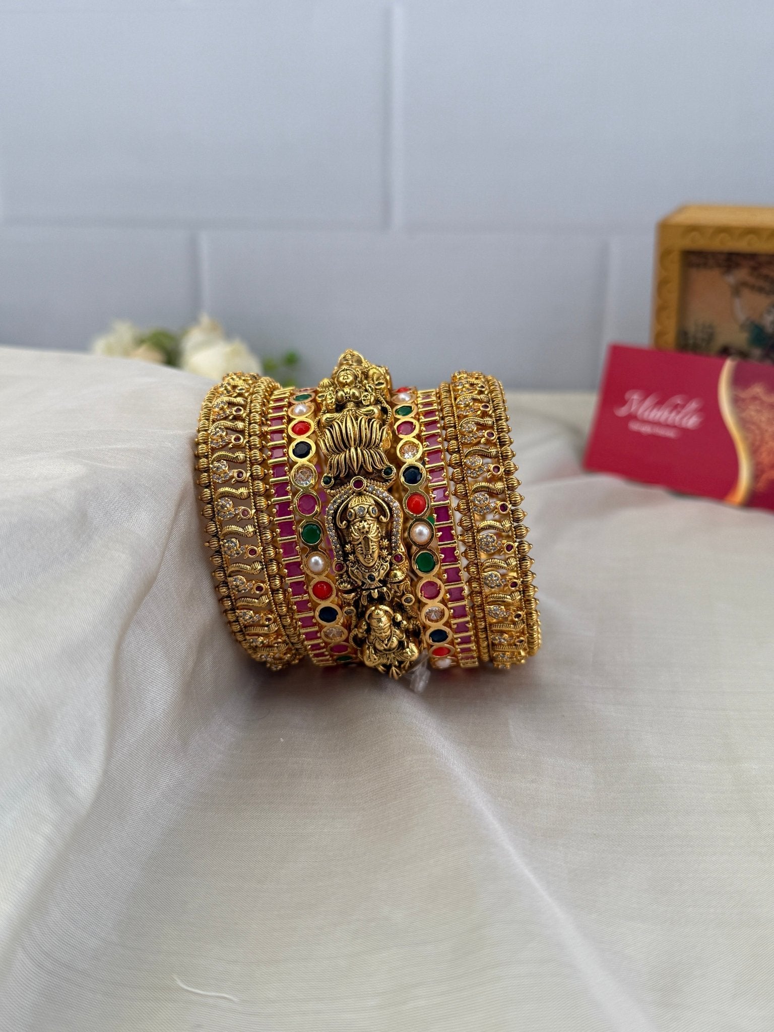 Luxurious Antique & Navaratna Stone Bangle Set Design 2 - 5193 - Mahilas