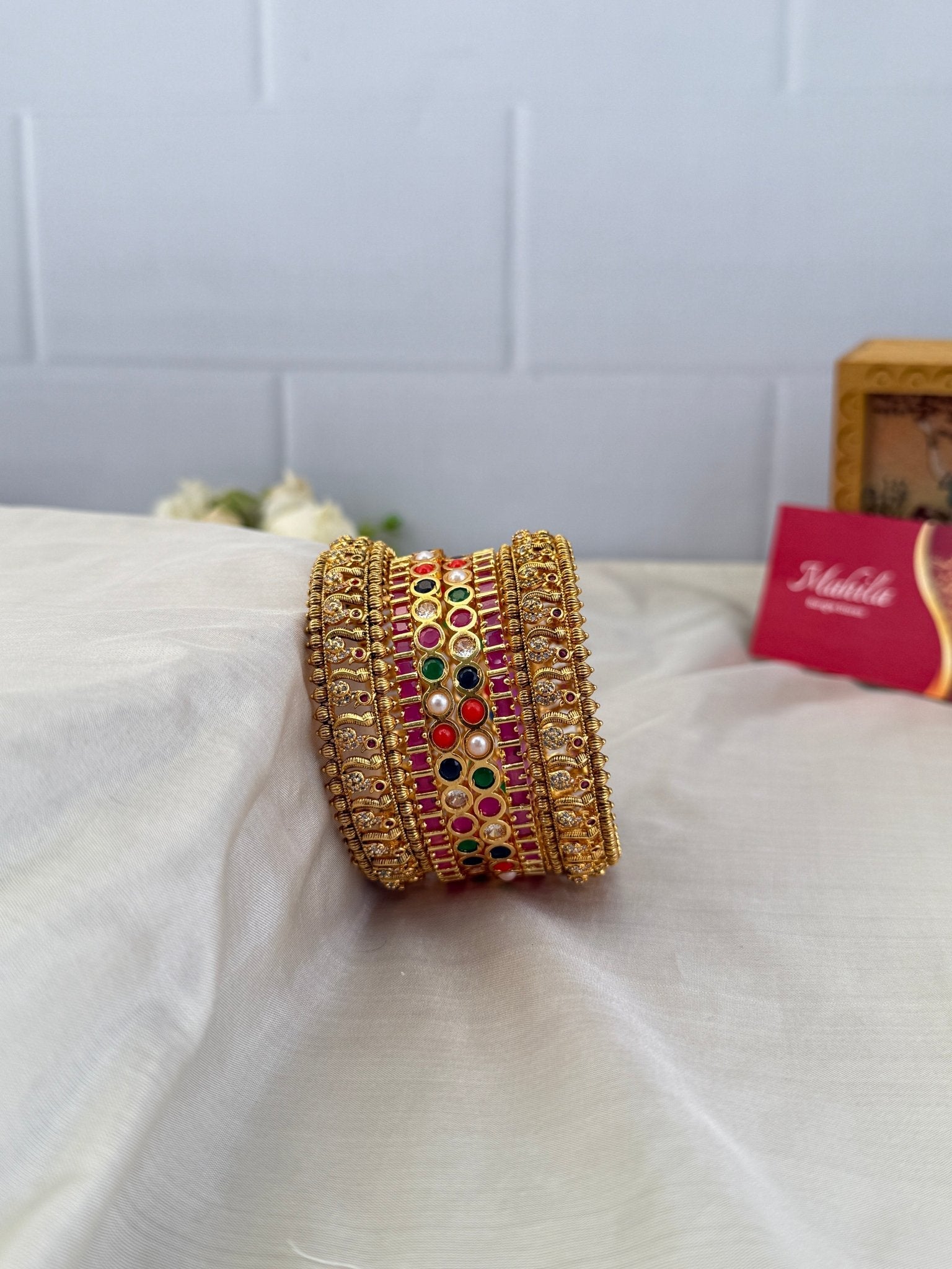 Luxurious Antique & Navaratna Stone Bangle Set Design 3 - 5194 - Mahilas