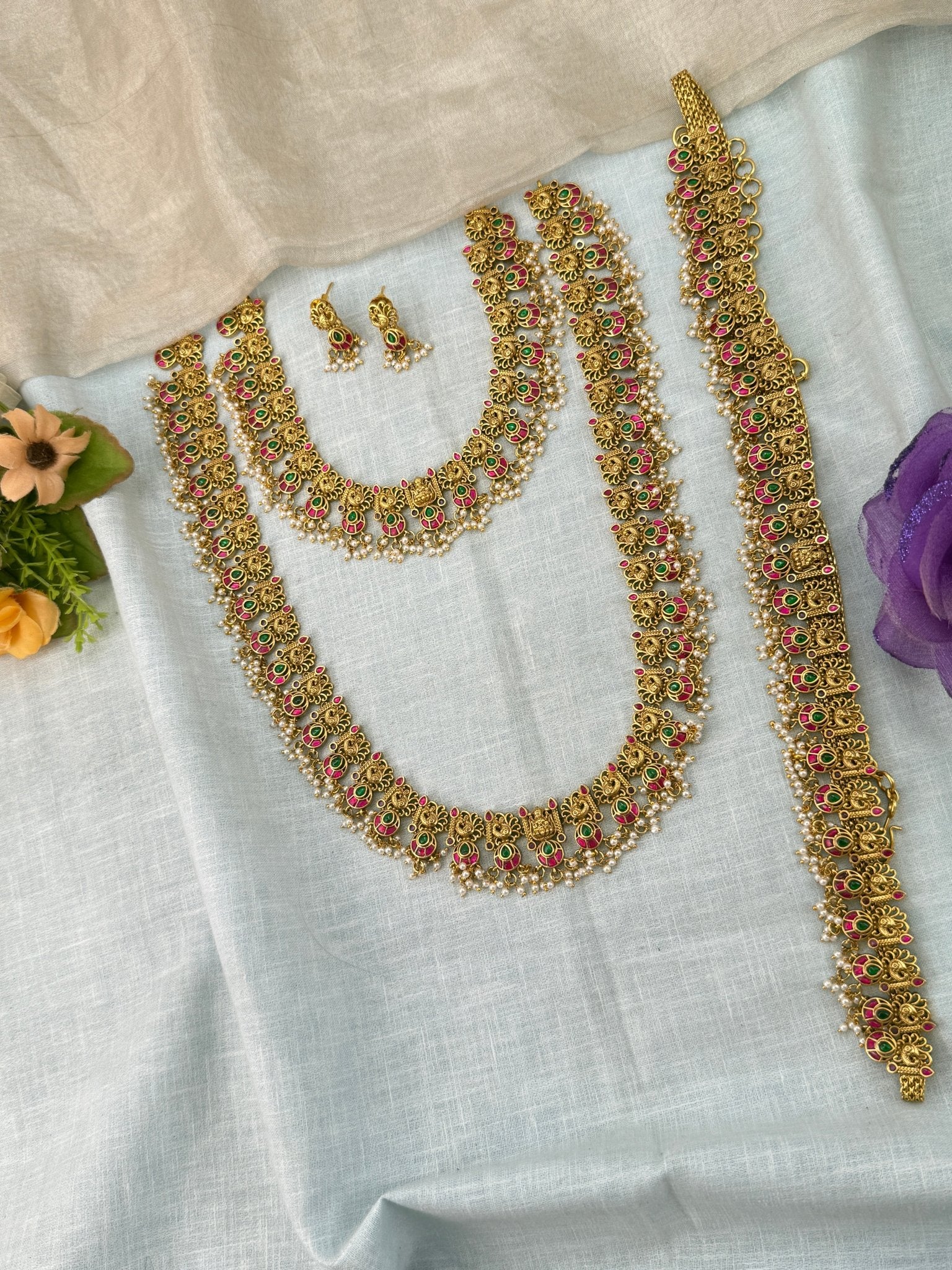 Luxurious Antique Peacock Bottumala Bridal Necklace Set 0915 - Mahilas