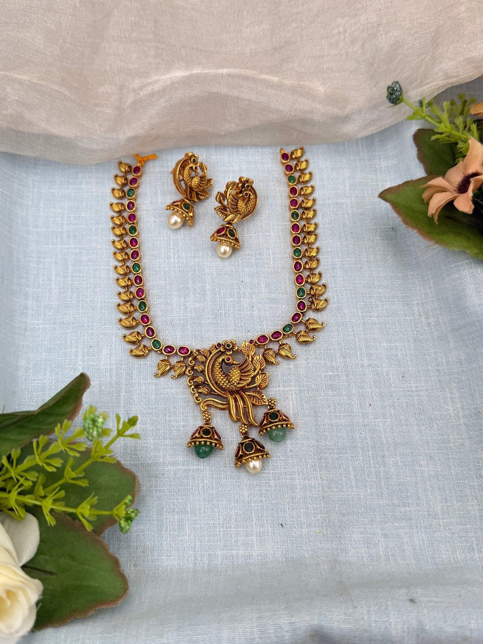 Luxurious Antique Peacock Drop Short Necklace Set 0231 - Mahilas