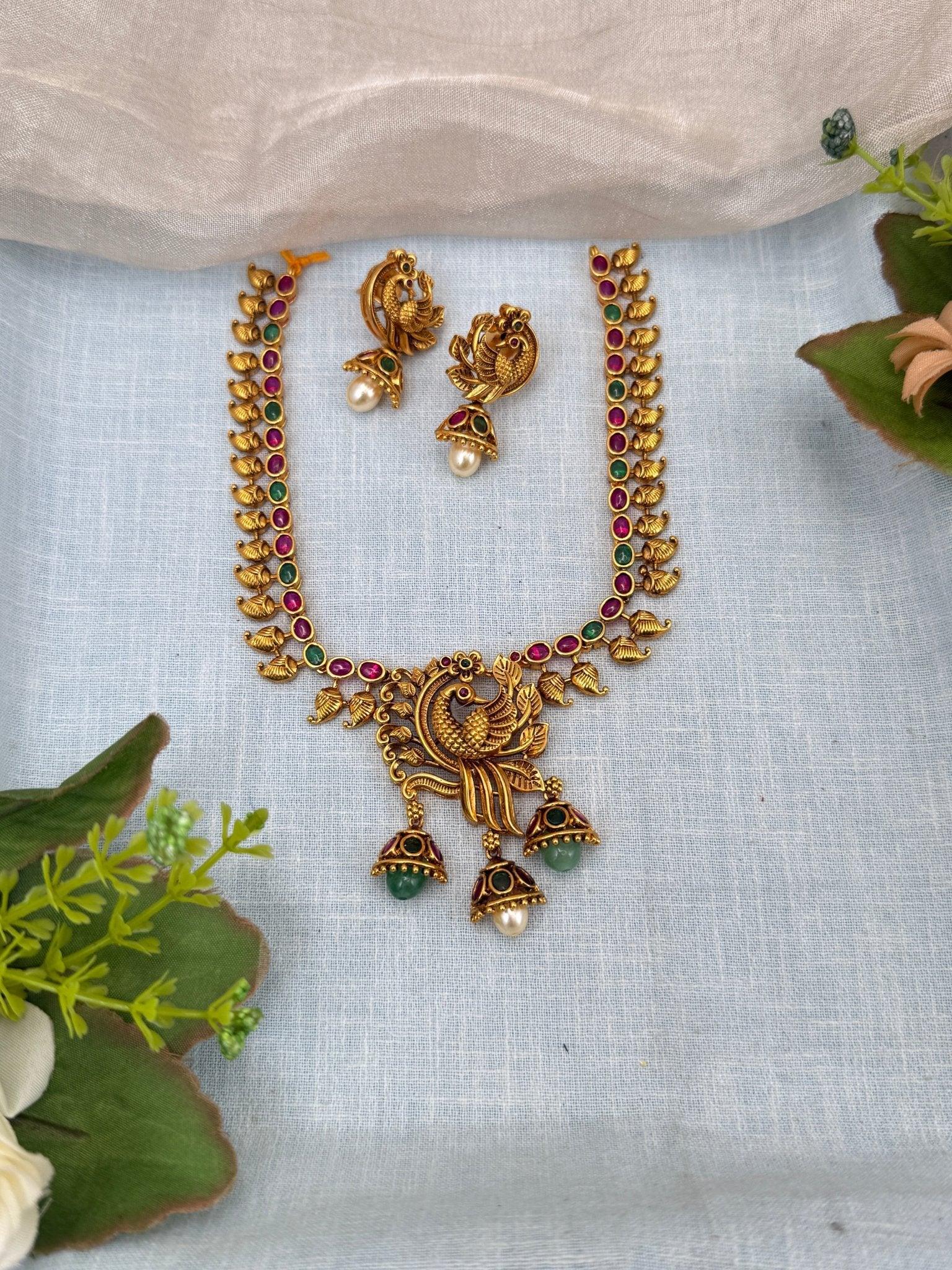 Luxurious Antique Peacock Drop Short Necklace Set 0231 - Mahilas