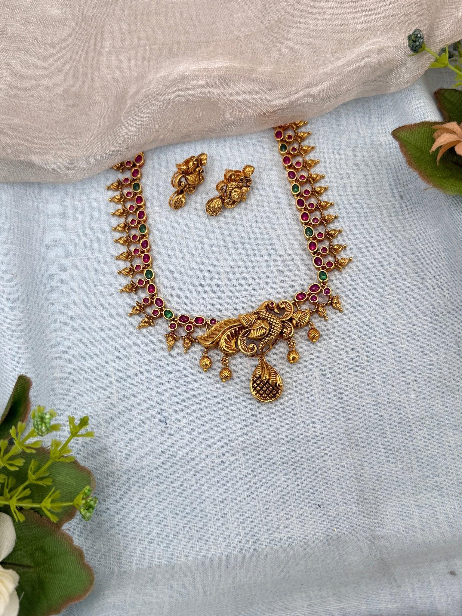 Luxurious Antique Peacock Drop Short Necklace Set 0234 - Mahilas