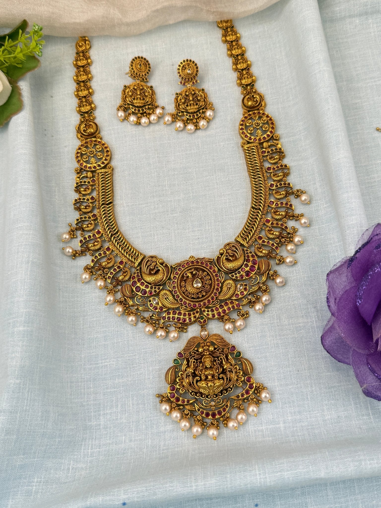 Luxurious Antique Peacock Lakshmi Long Necklace Set 0582 - Mahilas