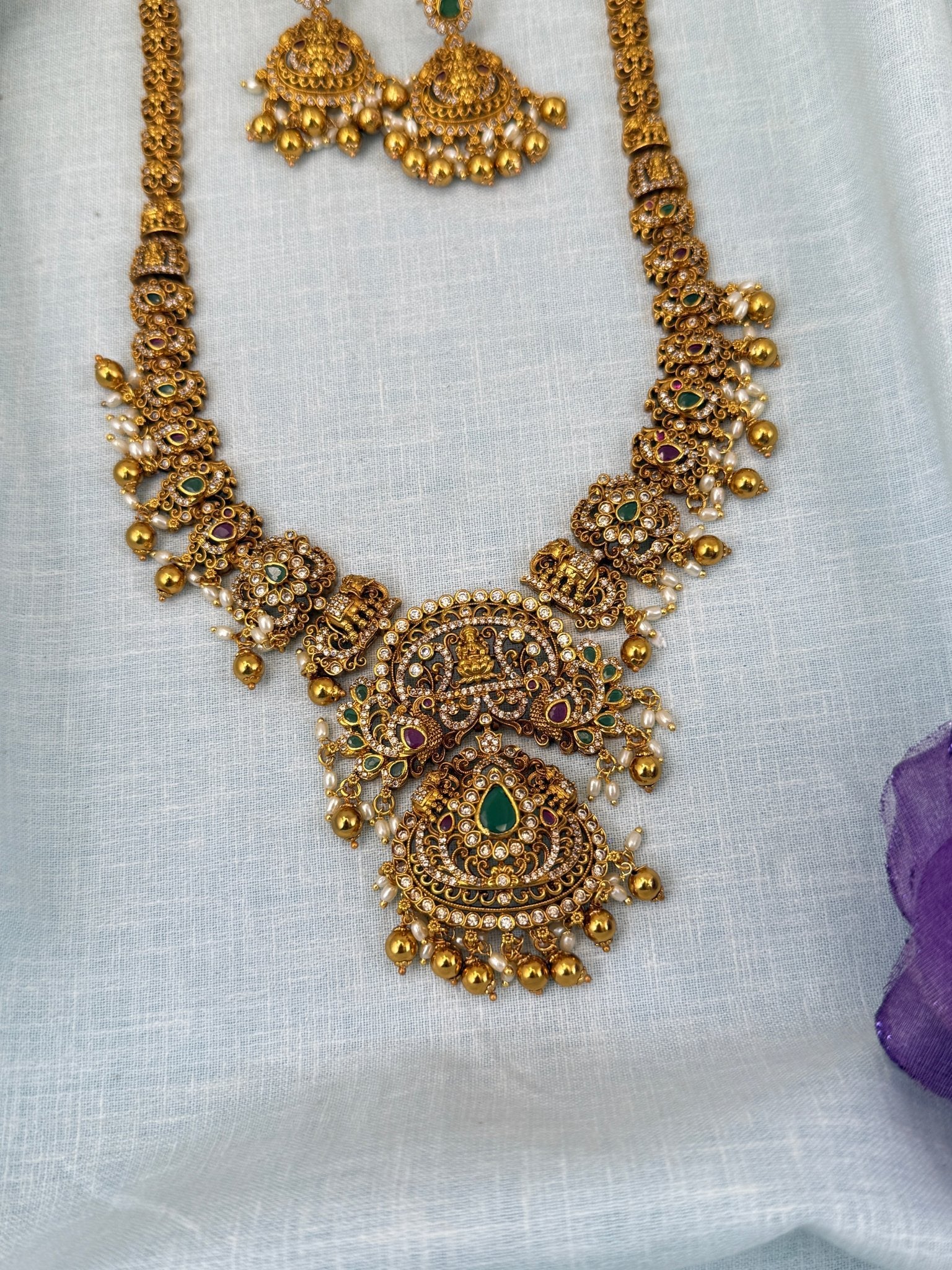 Luxurious Antique Peacock Lakshmi Long Necklace Set 0583 - Mahilas