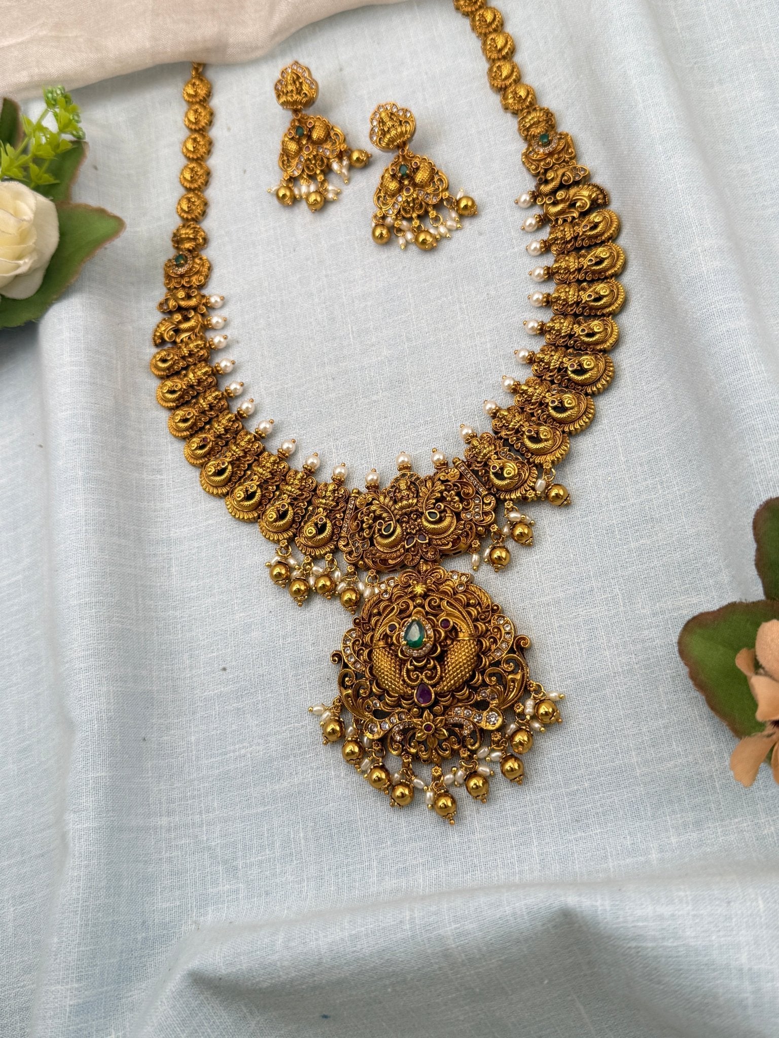 Luxurious Antique Peacock Lakshmi Long Necklace Set 0717 - Mahilas