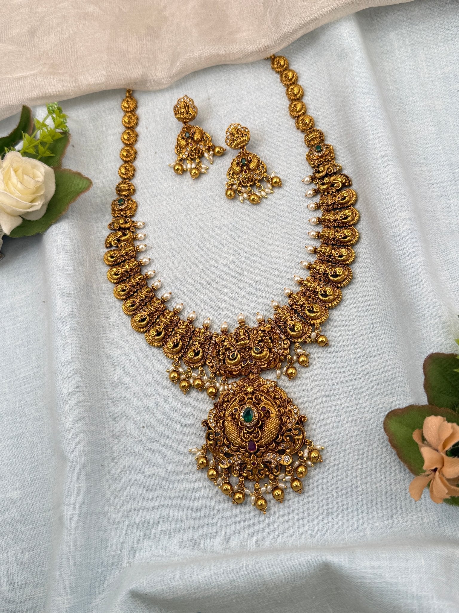 Luxurious Antique Peacock Lakshmi Long Necklace Set 0717 - Mahilas