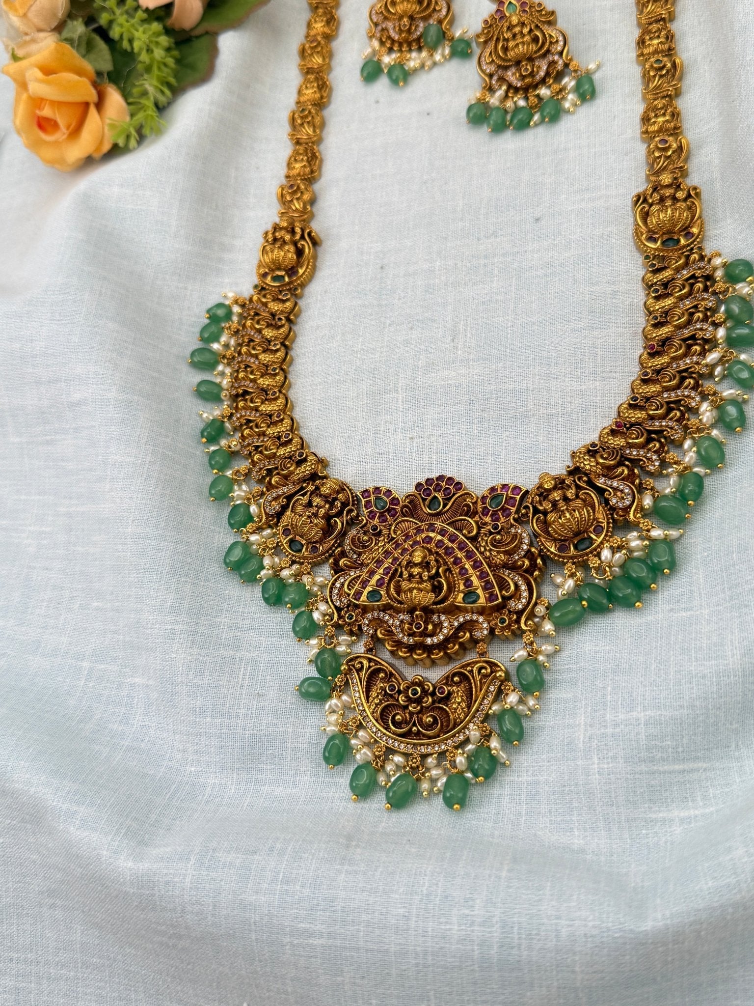 Luxurious Antique Peacock Lakshmi Long Necklace Set 0949 - Mahilas