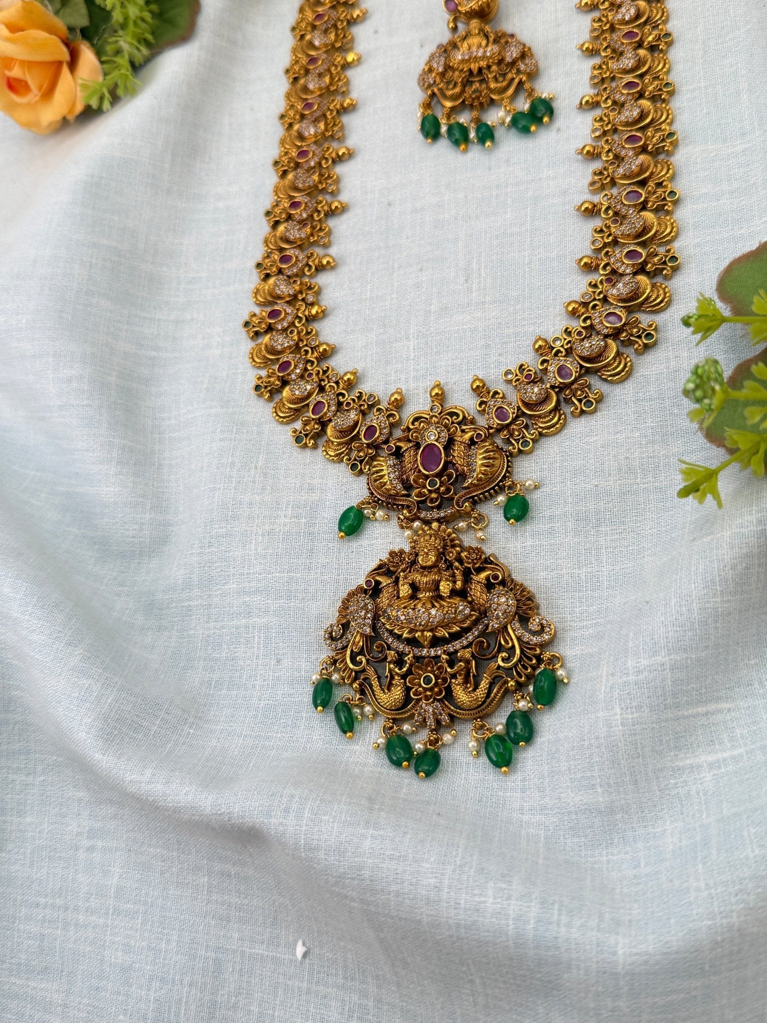 Luxurious Antique Peacock Lakshmi Long Necklace Set 0950 - Mahilas