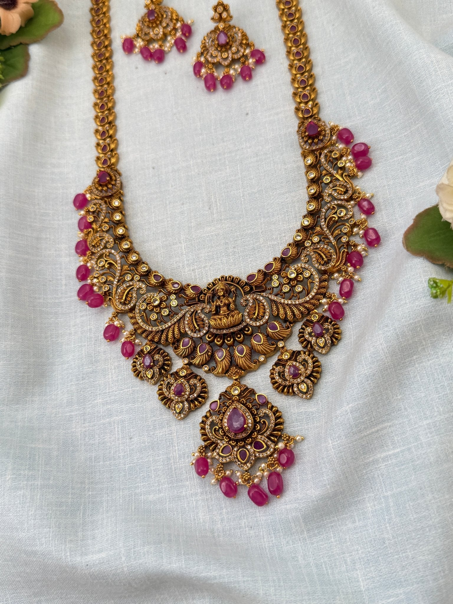 Luxurious Antique Peacock Lakshmi Long Necklace Set 0951 - Mahilas