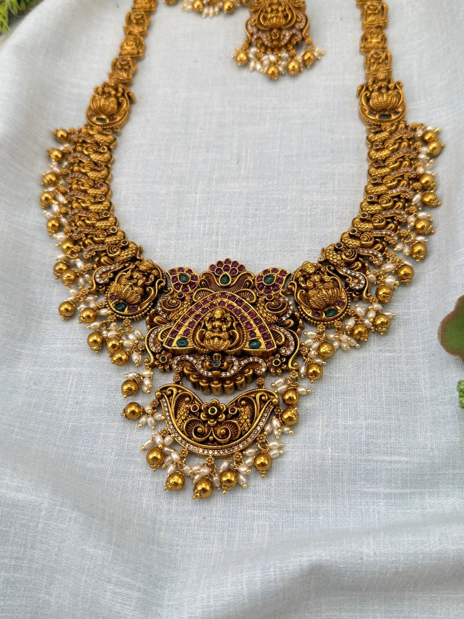 Luxurious Antique Peacock Lakshmi Long Necklace Set 0954 - Mahilas