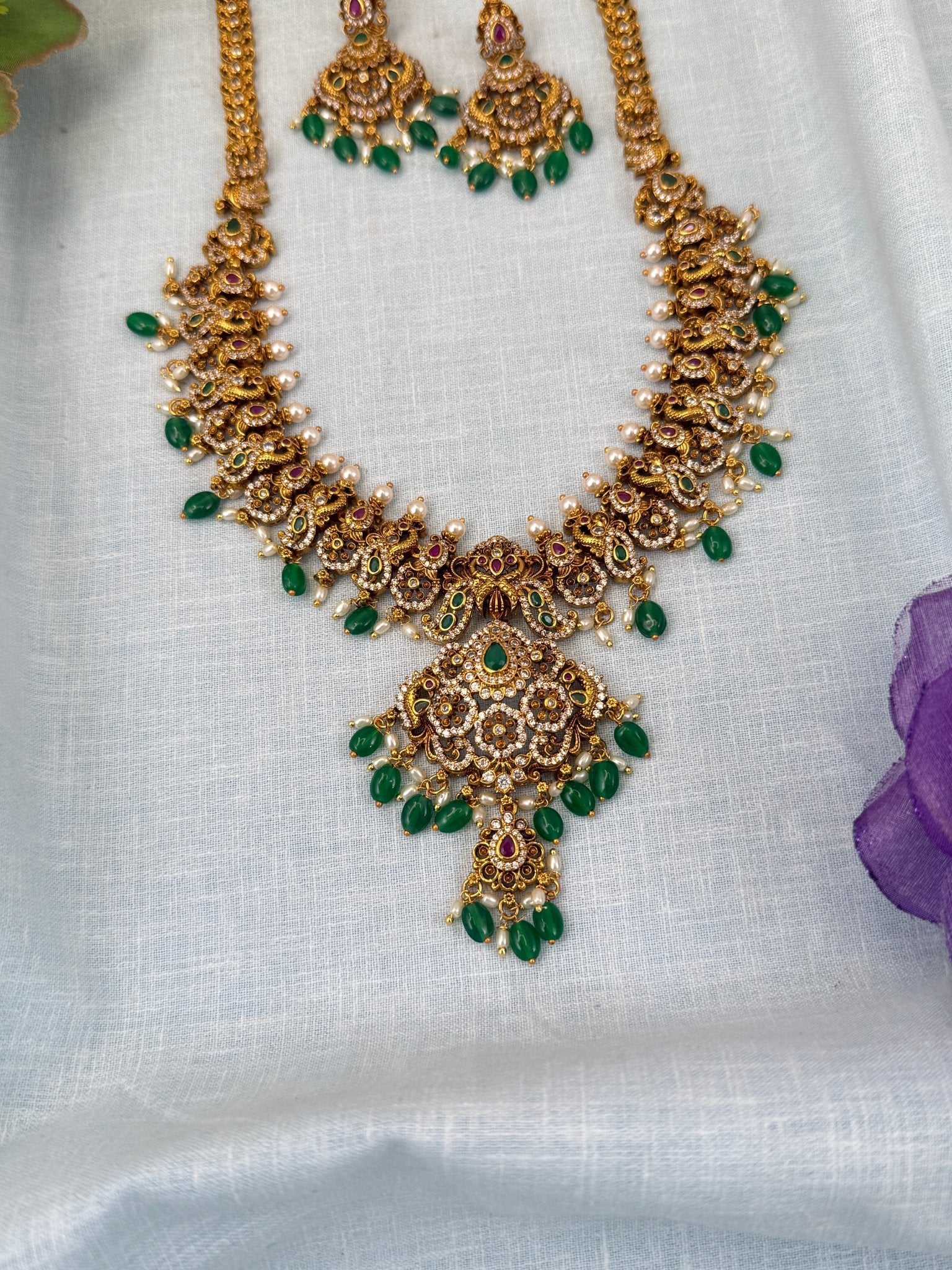 Luxurious Antique Peacock Long Necklace Set 0581 - Mahilas