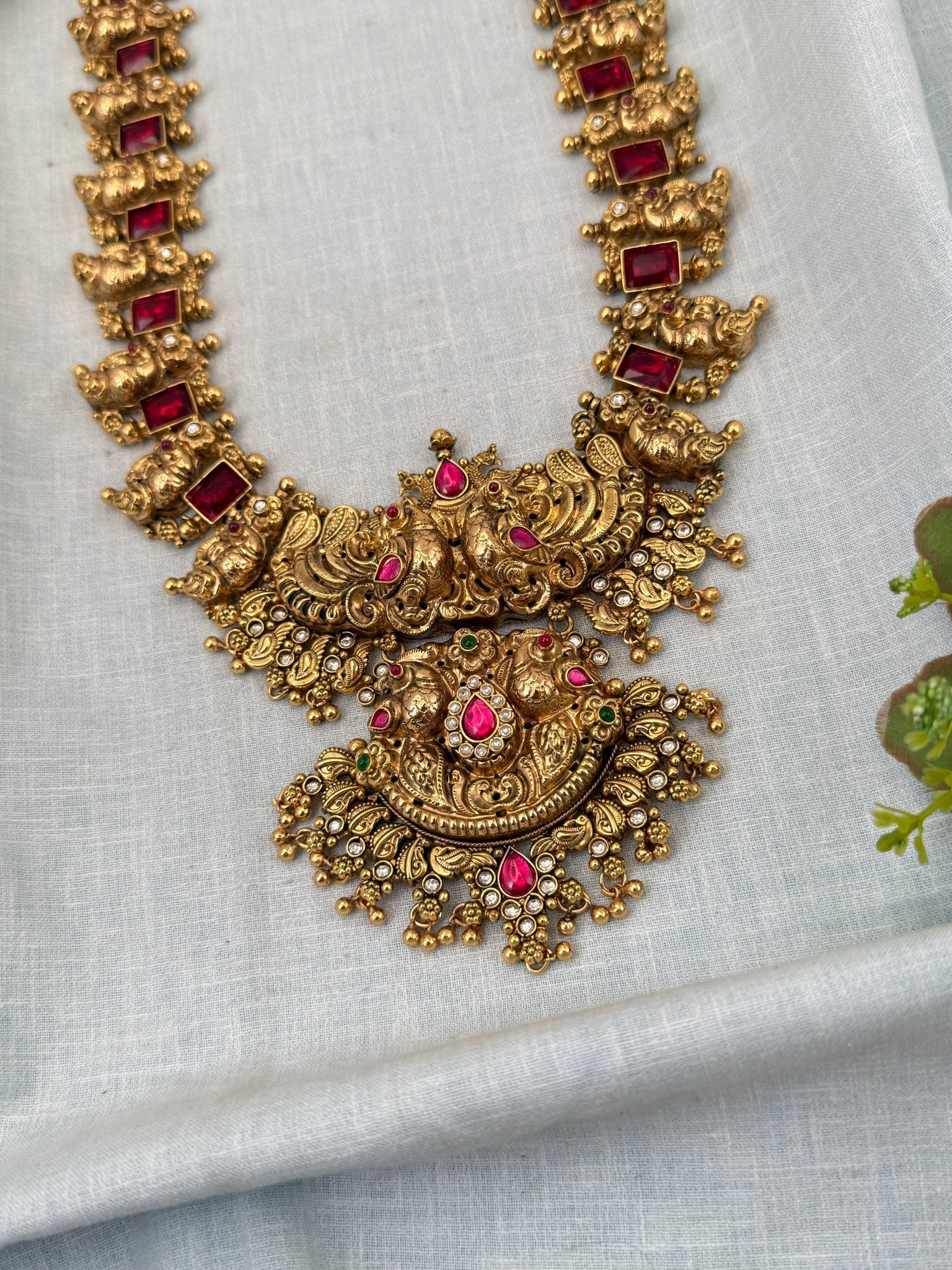 Luxurious Antique Peacock Ruby Red Long Necklace Set 0440 - Mahilas