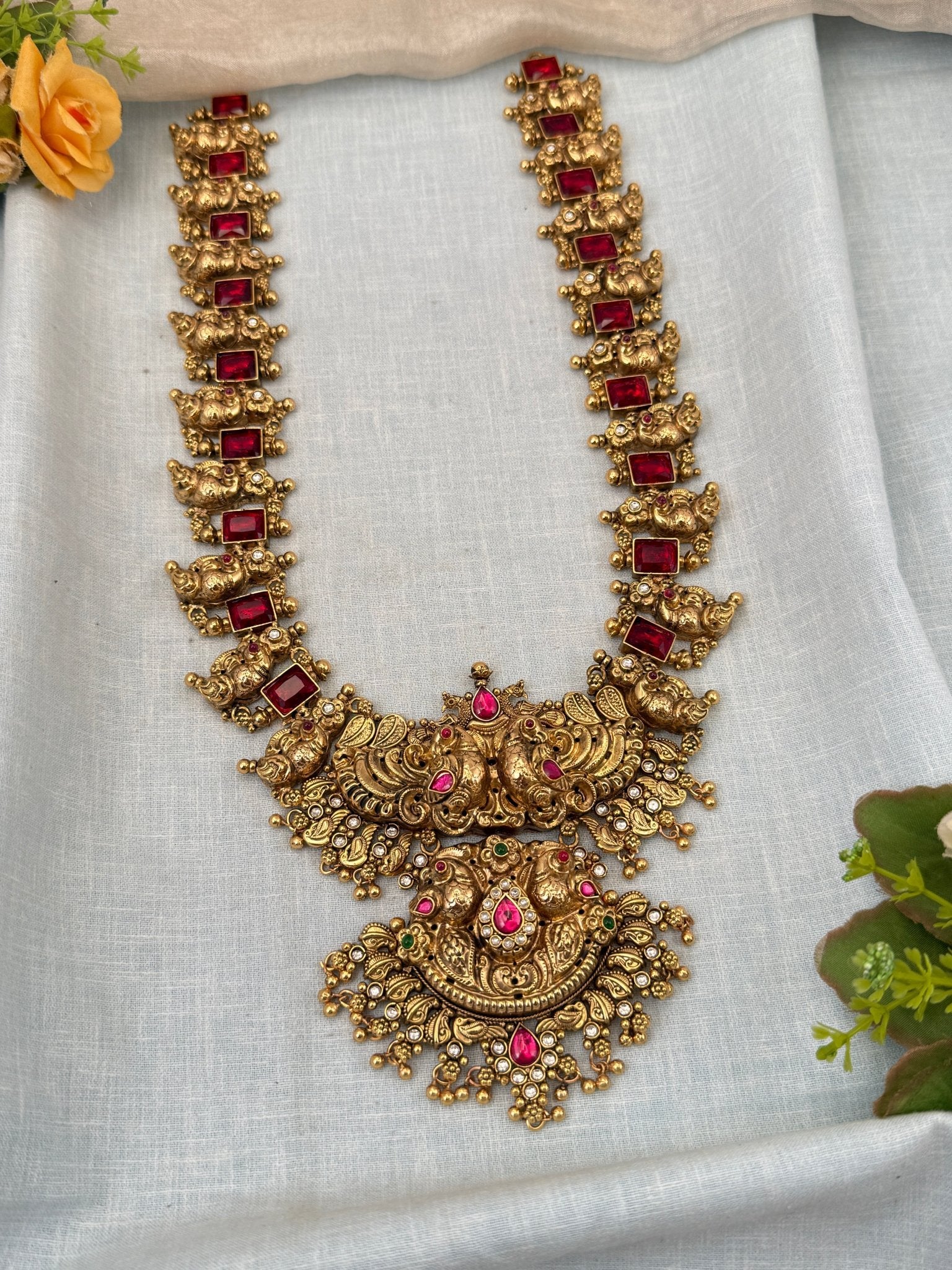 Luxurious Antique Peacock Ruby Red Long Necklace Set 0440 - Mahilas