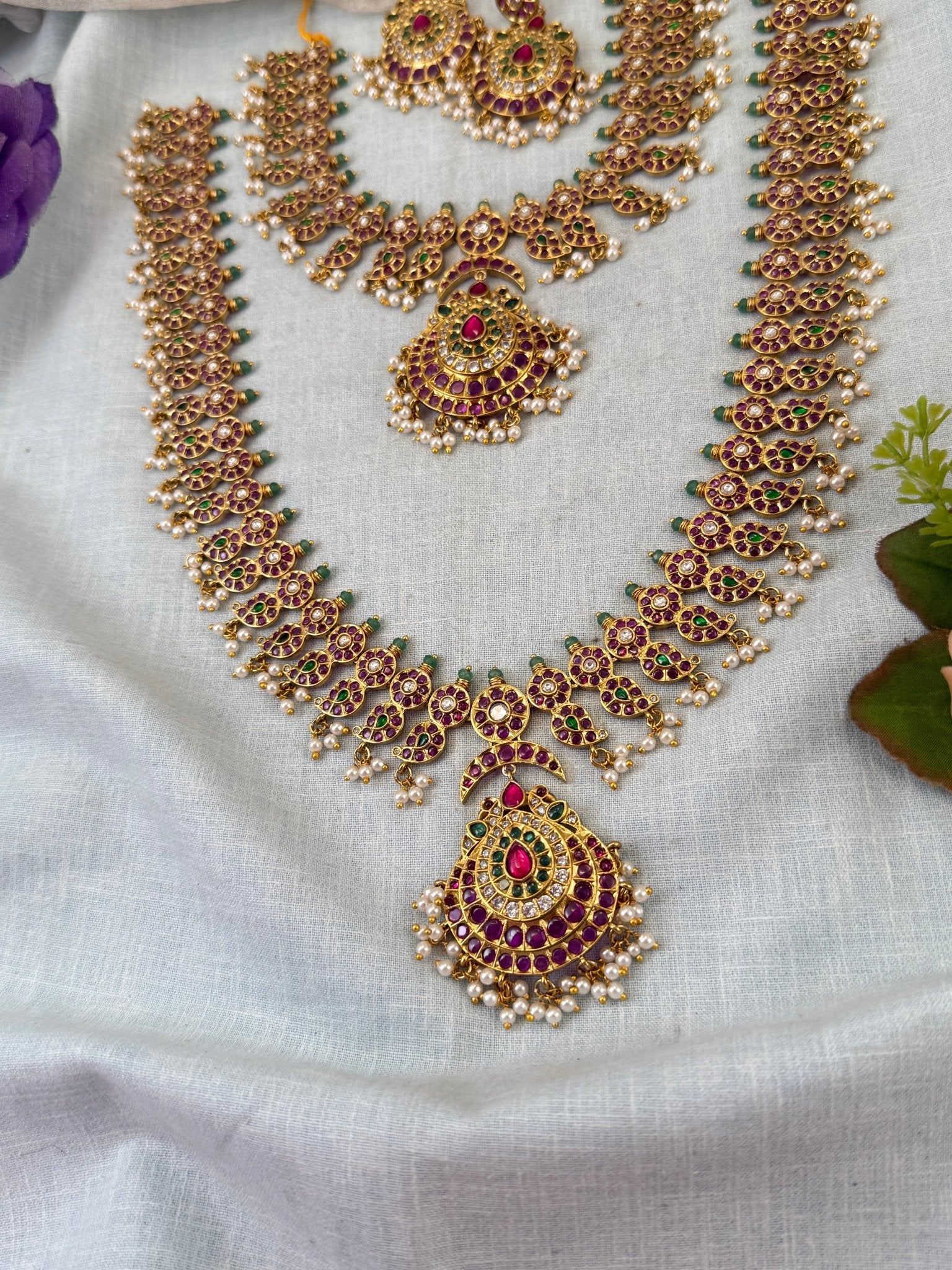 Luxurious Antique Peacock Semi Bridal Necklace Set 0861 - Mahilas