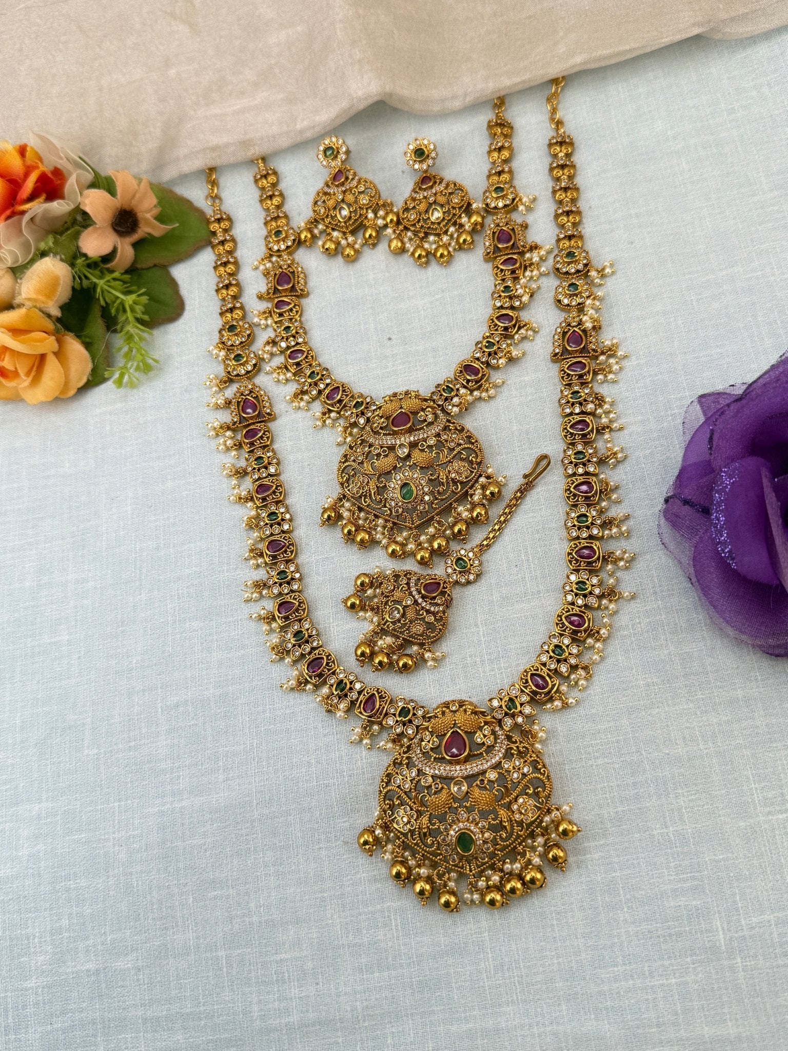 Luxurious Antique Peacock Semi Bridal Necklace Set 0931 - Mahilas