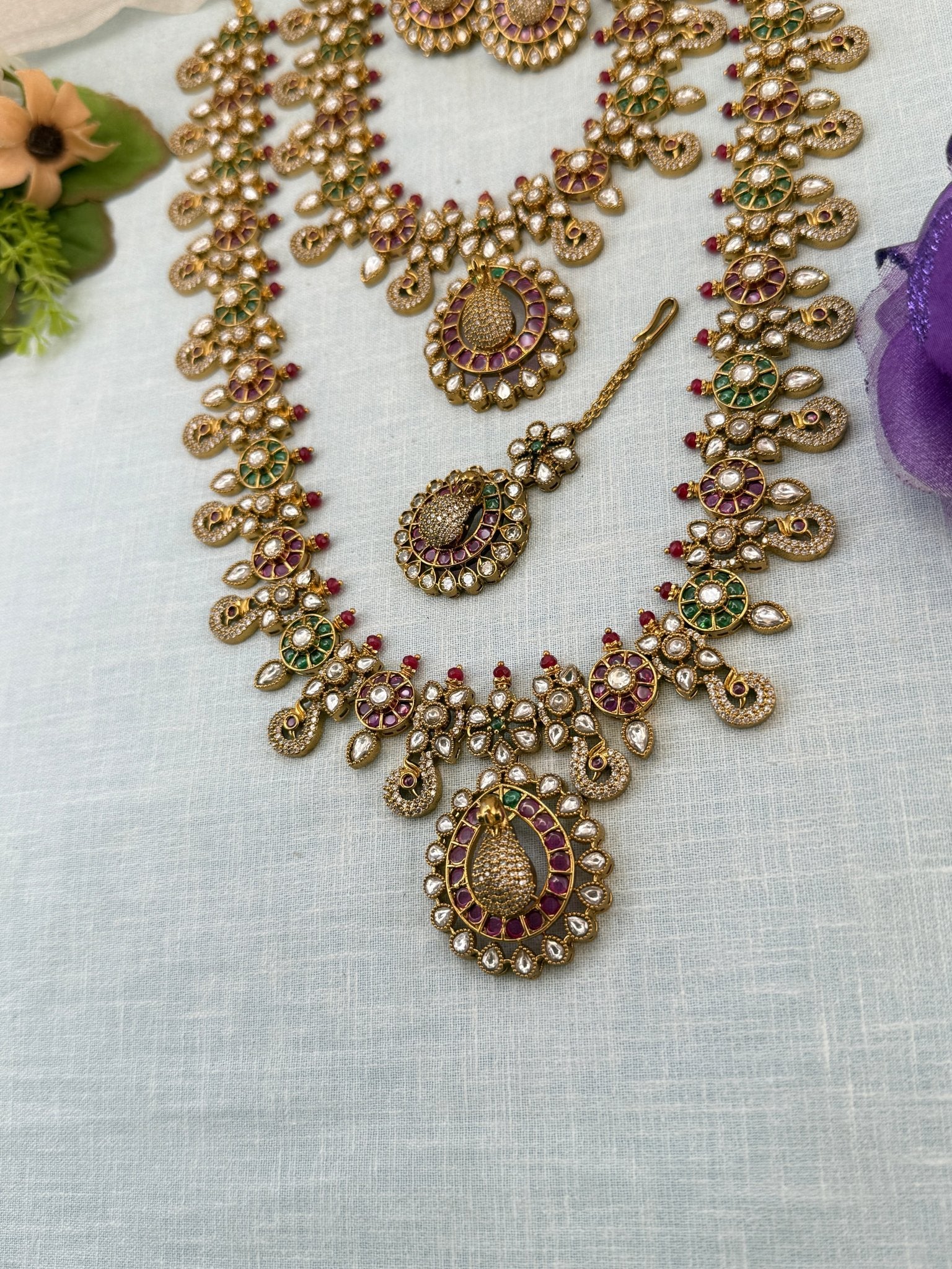 Luxurious Antique Peacock Semi Bridal Necklace Set 0932 - Mahilas