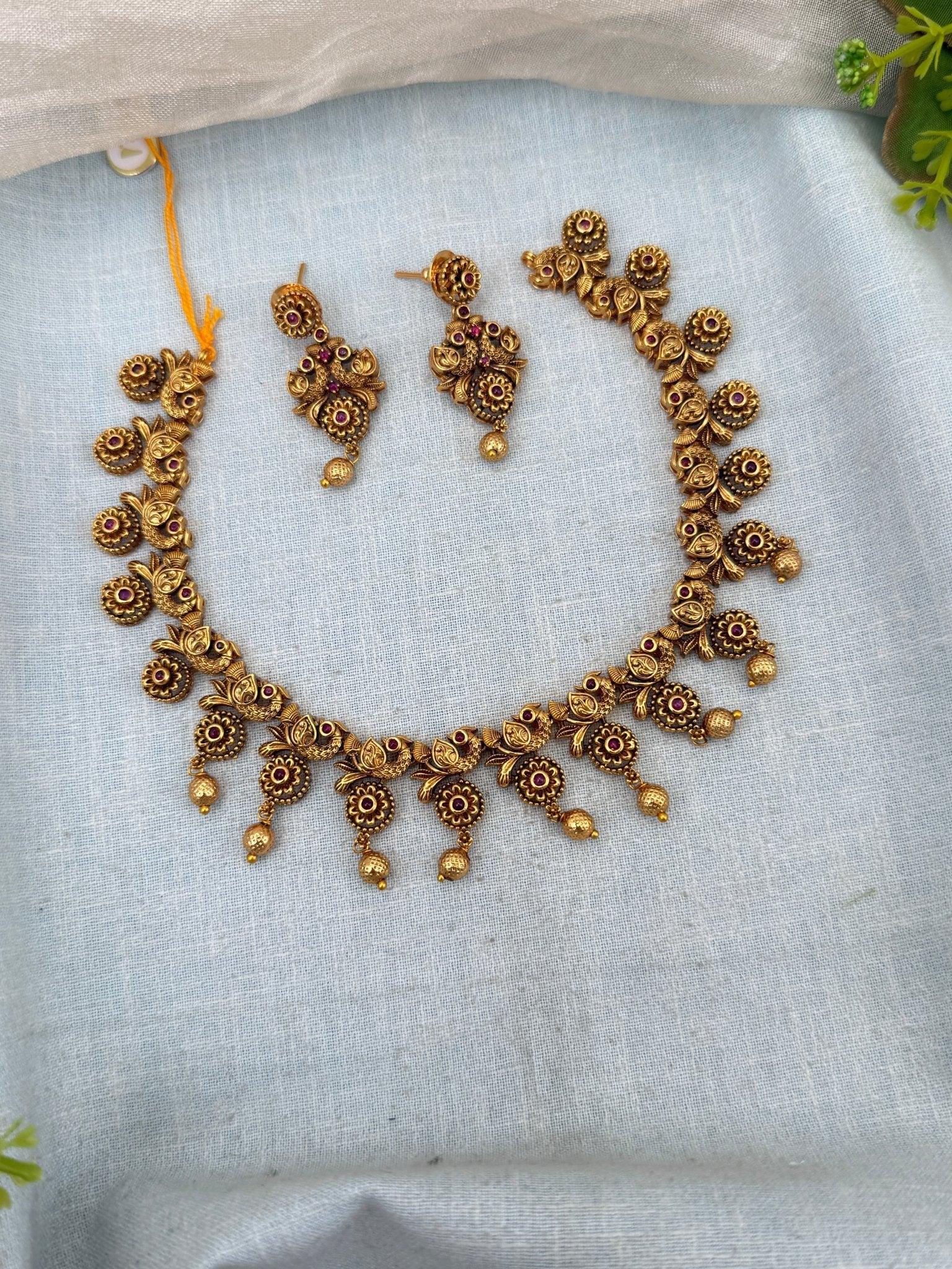 Luxurious Antique Peacock Short Necklace Set 0164 - Mahilas