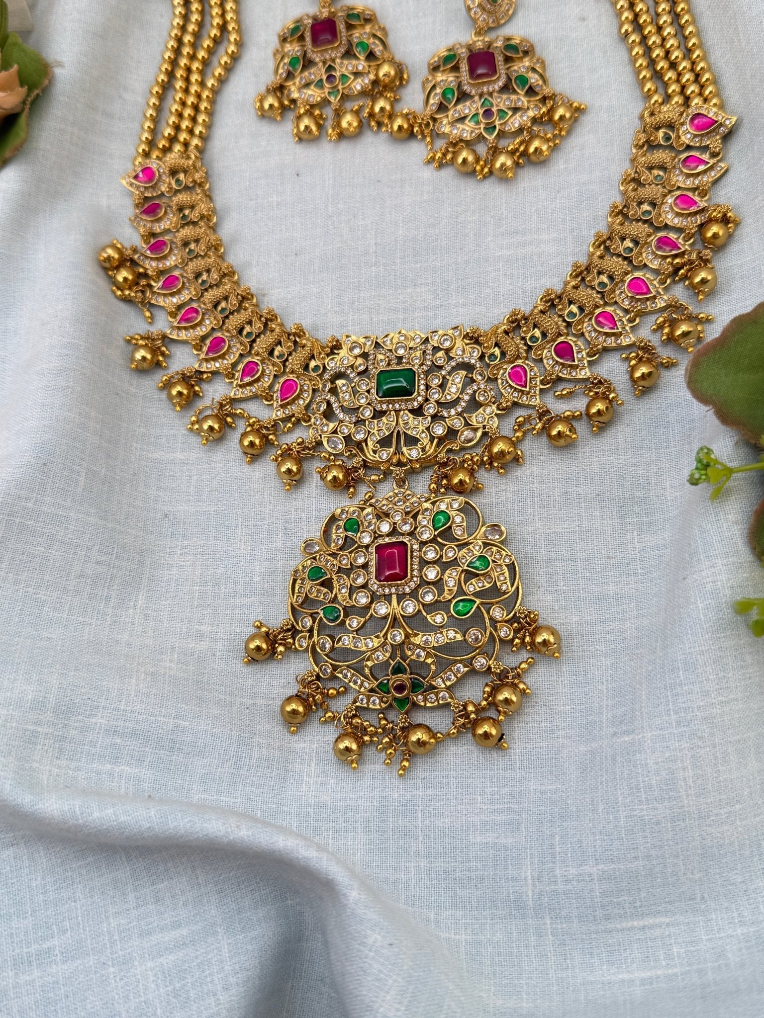 Luxurious Antique Peacock Stone Short Necklace Set 0956 - Mahilas