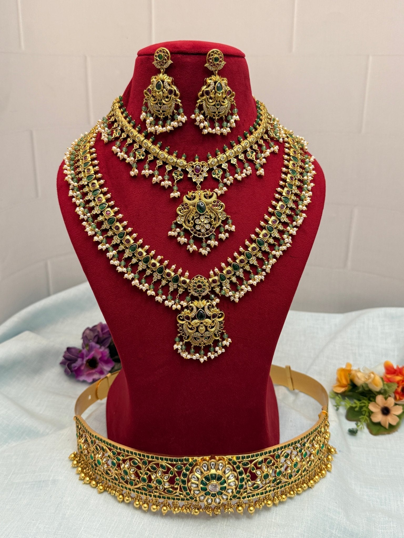 Luxurious Antique Semi Bridal Green Necklace Set 10 - Mahilas