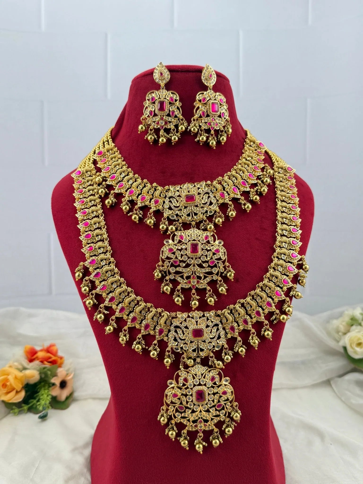 Luxurious Antique Semi Bridal Necklace Set 598 - Mahilas